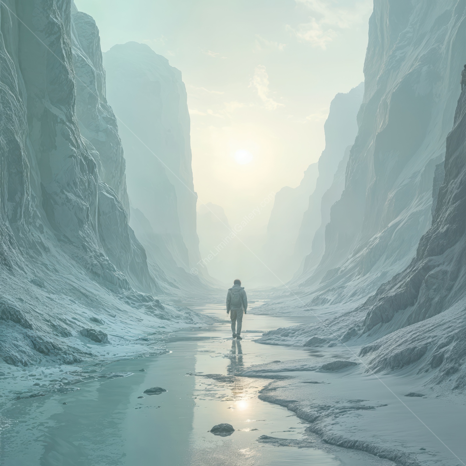A solitary figure walking through a serene and mystical frozen valley at dawn, surrounded by towering, icy cliffs and a soft glowing light