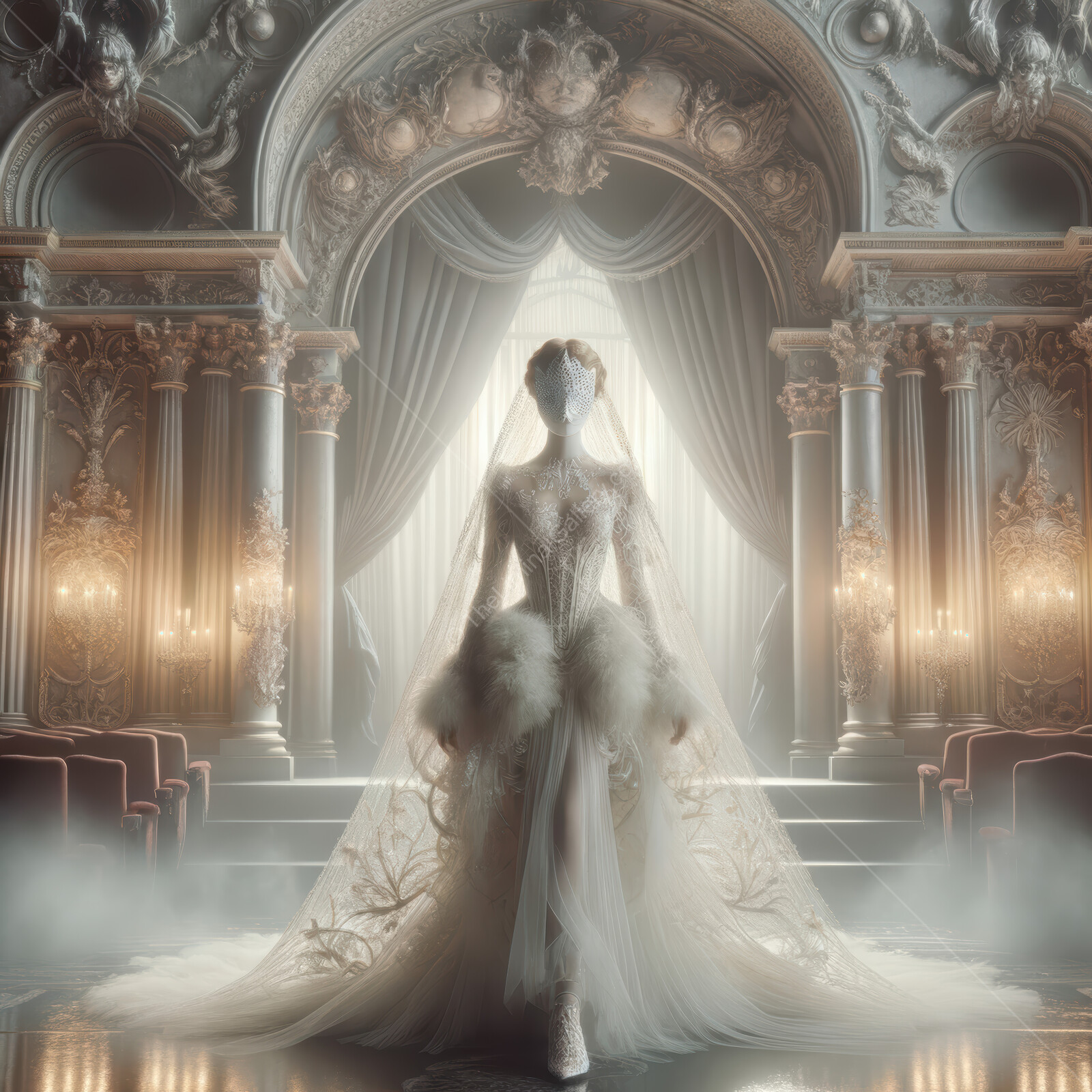 Woman in a luxurious gown stands beneath chandeliers and drifting fog, gold trims and heavy drapes glowing softly