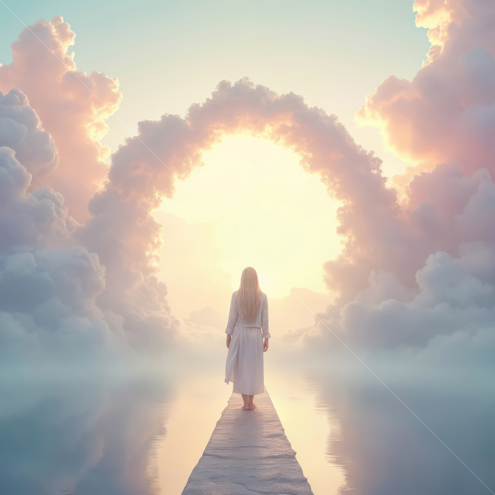 Woman on a narrow path faces a glowing arch of cloud, dress lit warm as water mirrors the rosy light