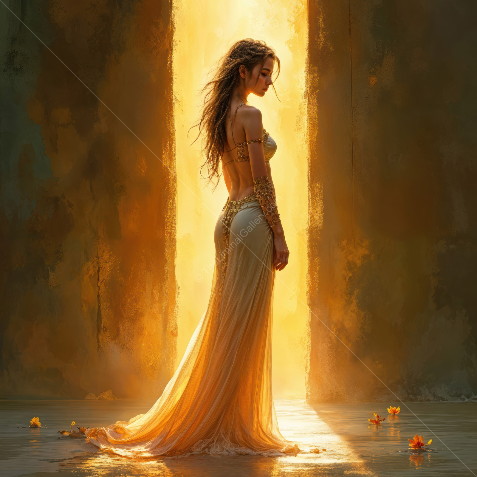 Woman stands in a warm glowing doorway with flowers at her feet, gown lifting in a small breeze