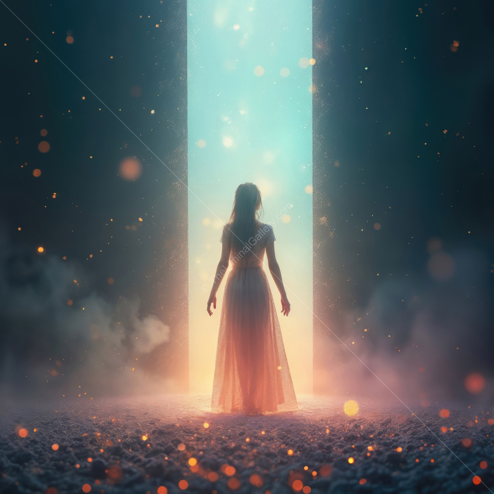 Woman in a white dress pauses at a glowing doorway, motes in the air bright against the dark