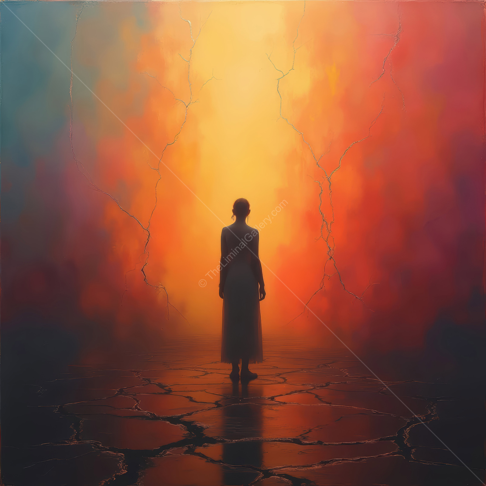 Woman stands on cracked ground before a glowing field of orange and red light at twilight