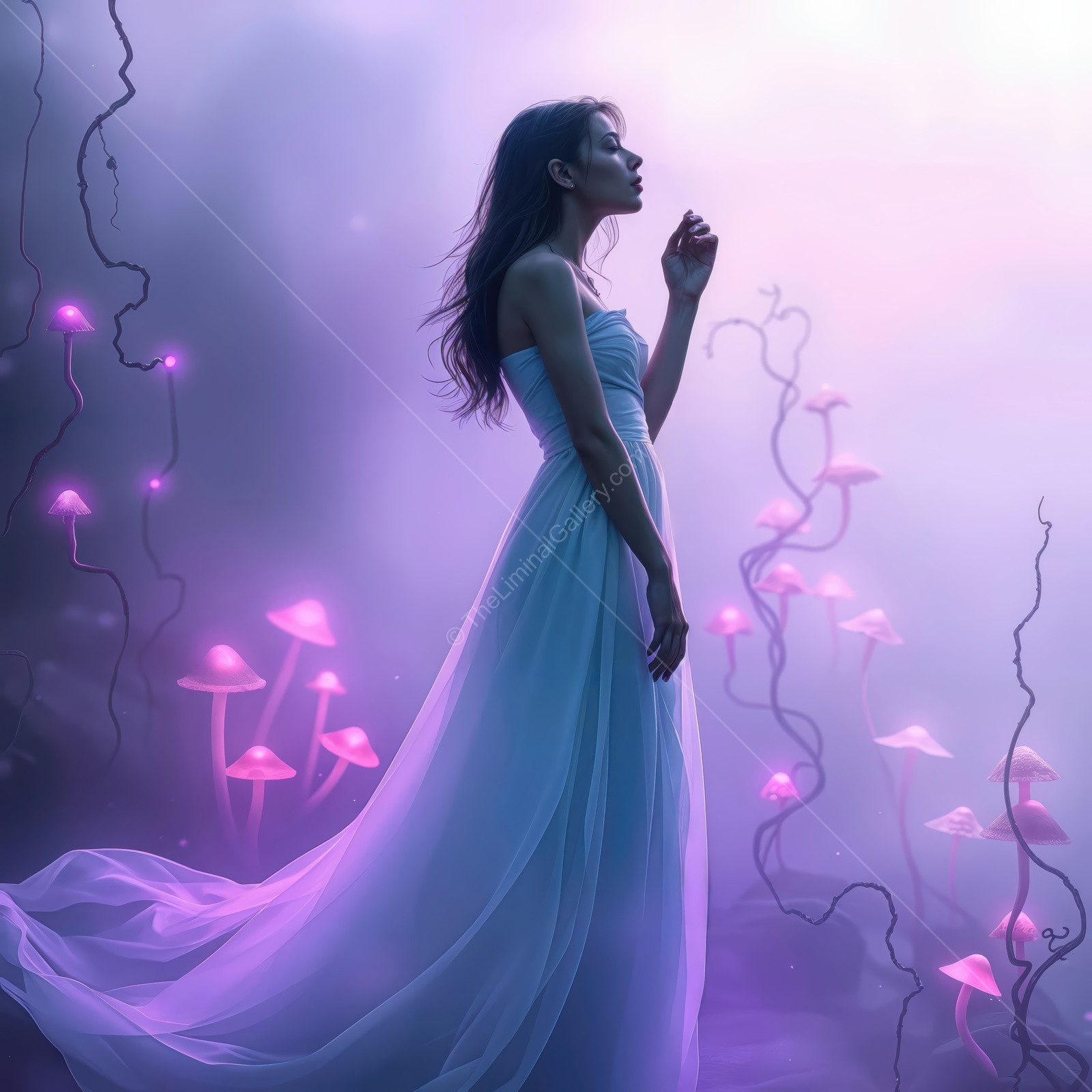 Woman in a white gown stands among glowing mushrooms as dusk colors filter through the forest