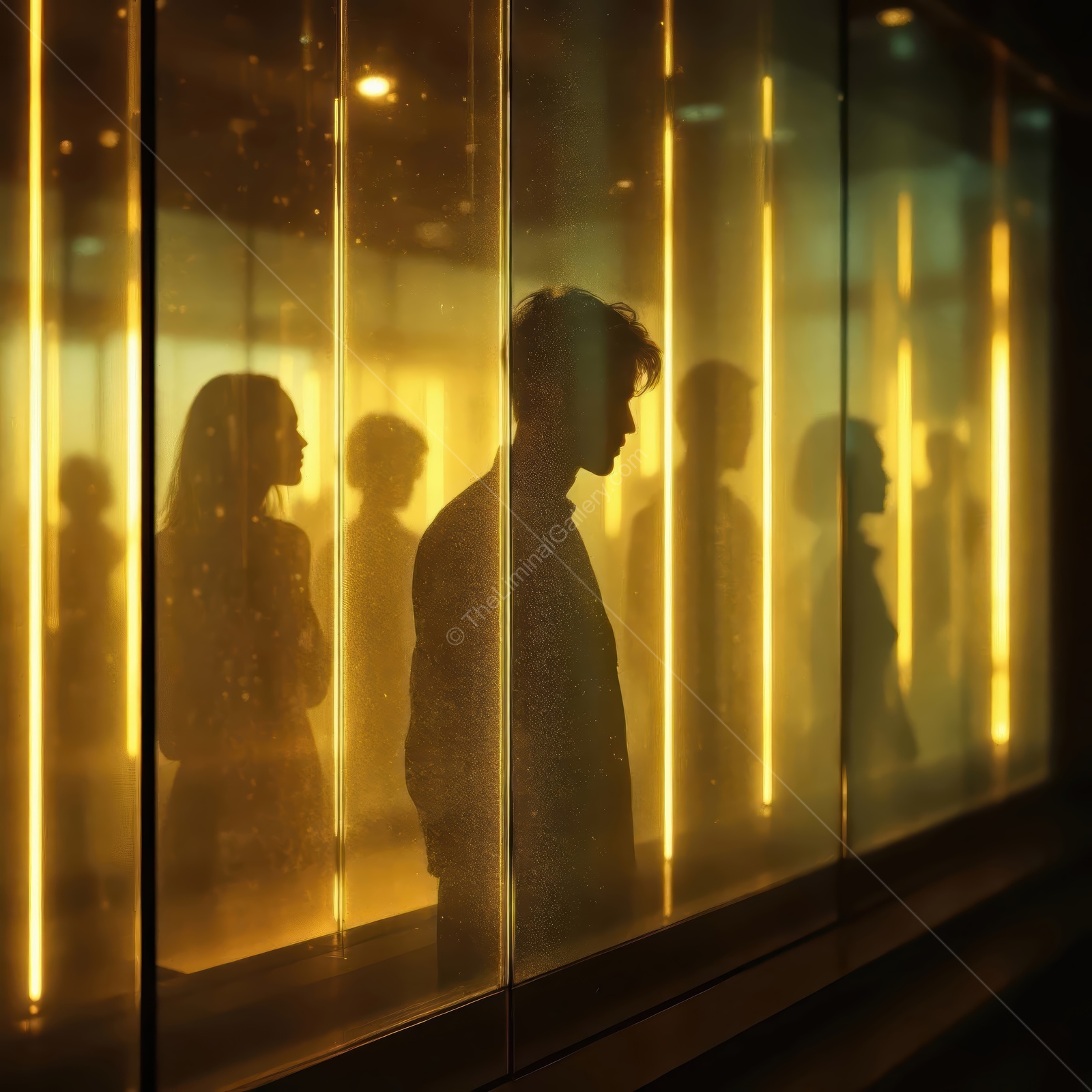 Silhouetted figures in a modern art space bathed in golden light during an evening event