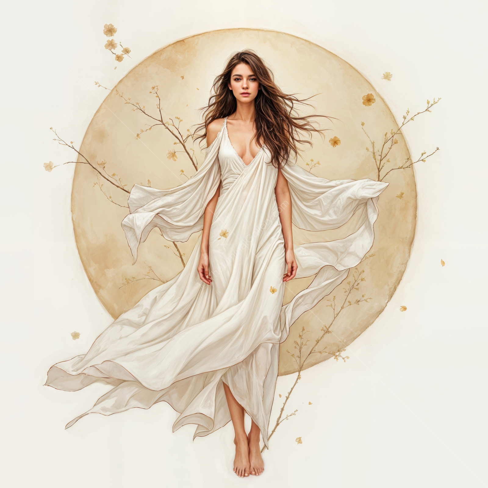Woman in a white dress poses before a round golden disk, branches with tiny blossoms framing the scene