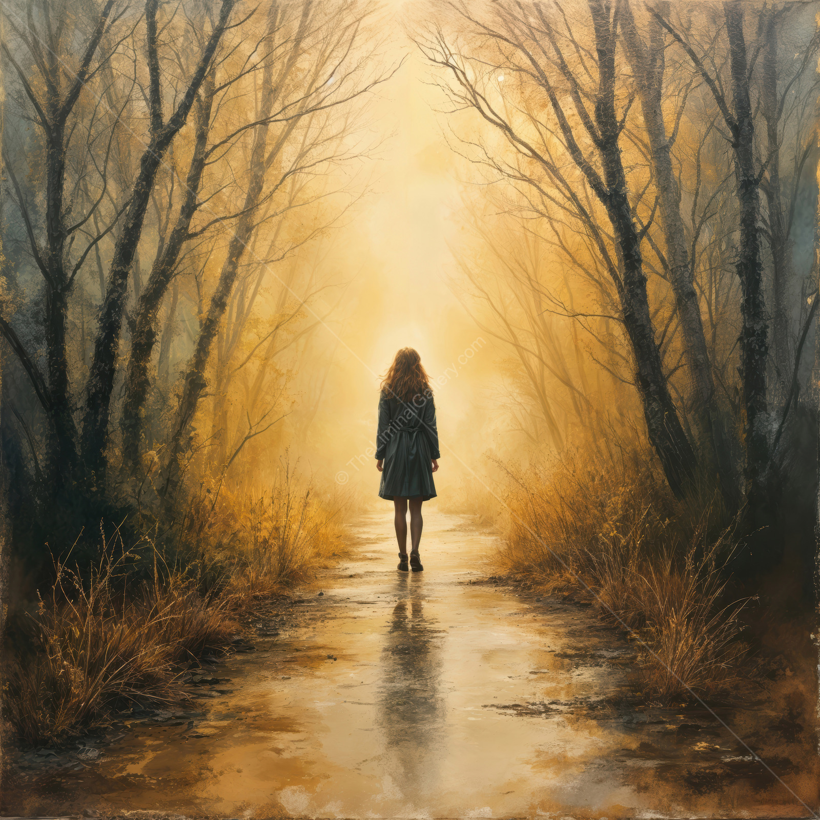 Woman stands on a forest path in golden mist at dusk, bare branches folding over the trail