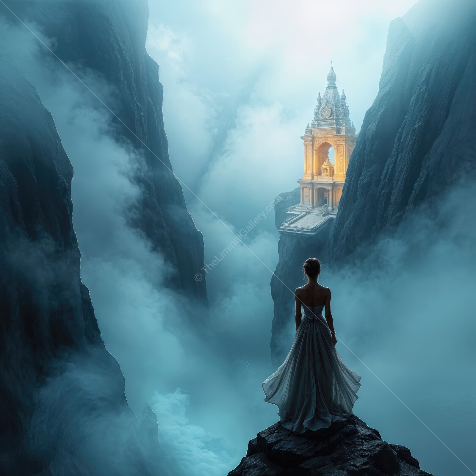 Exploring a mystical valley at dawn where a golden temple emerges from the mist