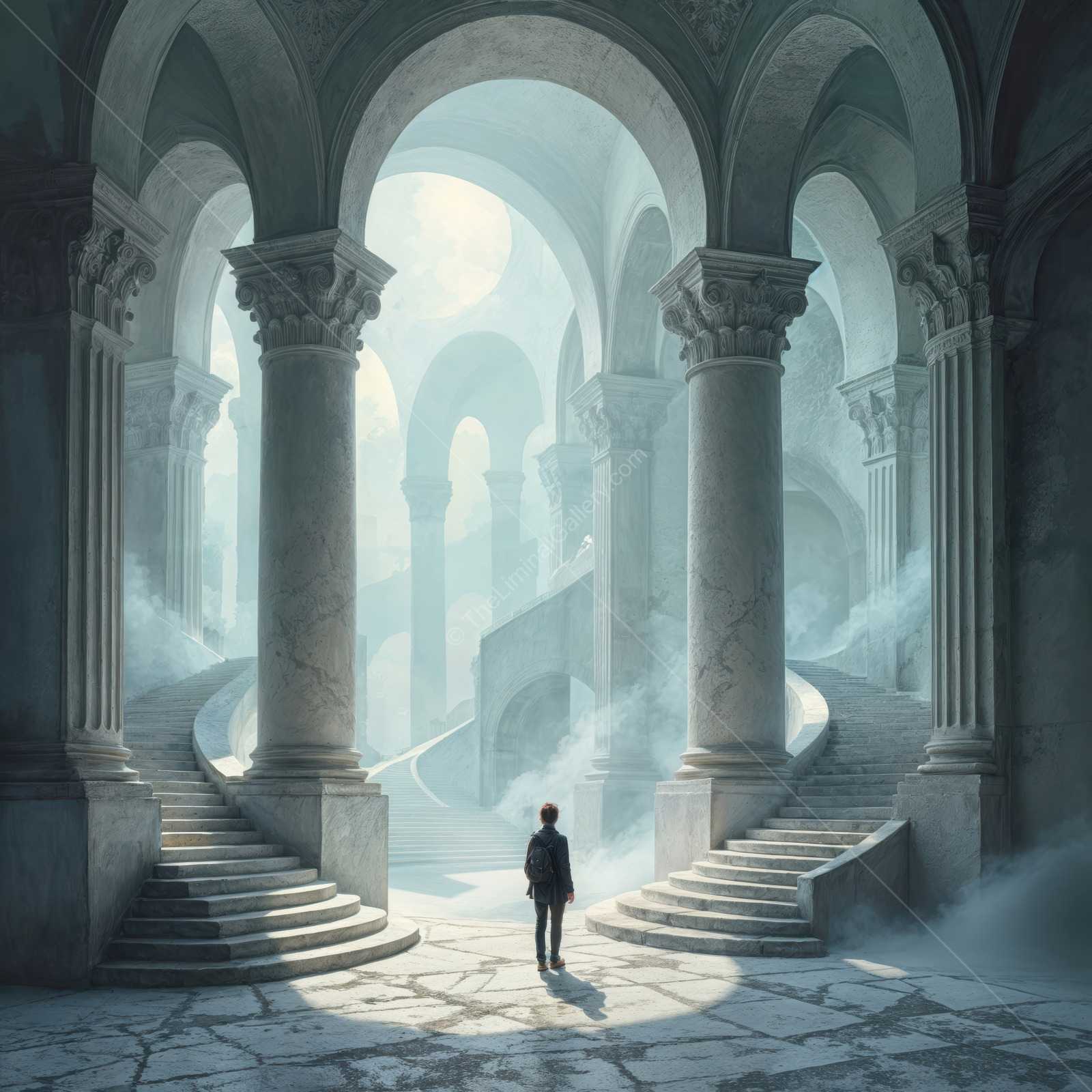 Woman stands among grand arches and misted stairs, angled light striking stone as passages recede into haze