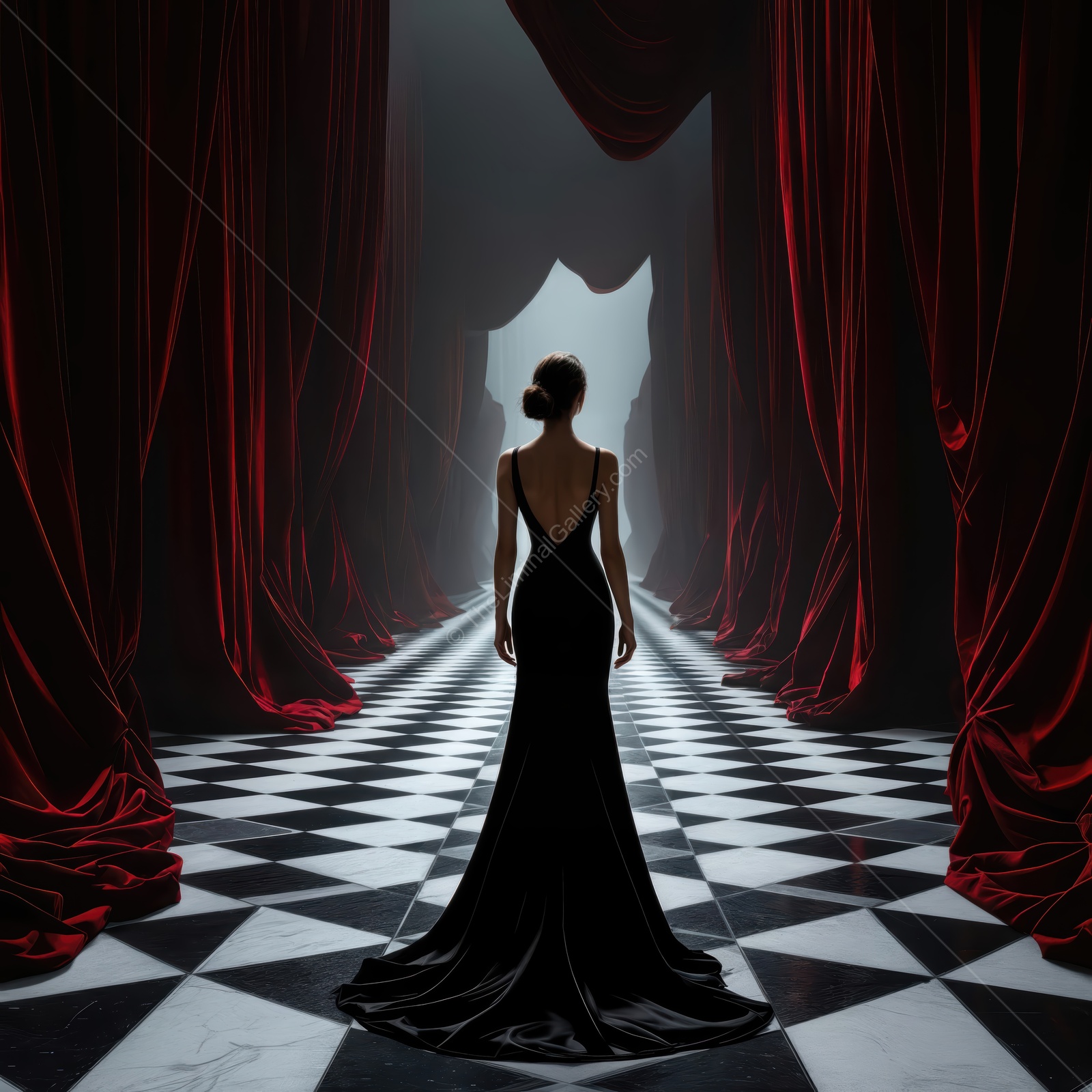 Woman in a sleek black dress stands in a grand theater, red curtains parting to a sliver of light