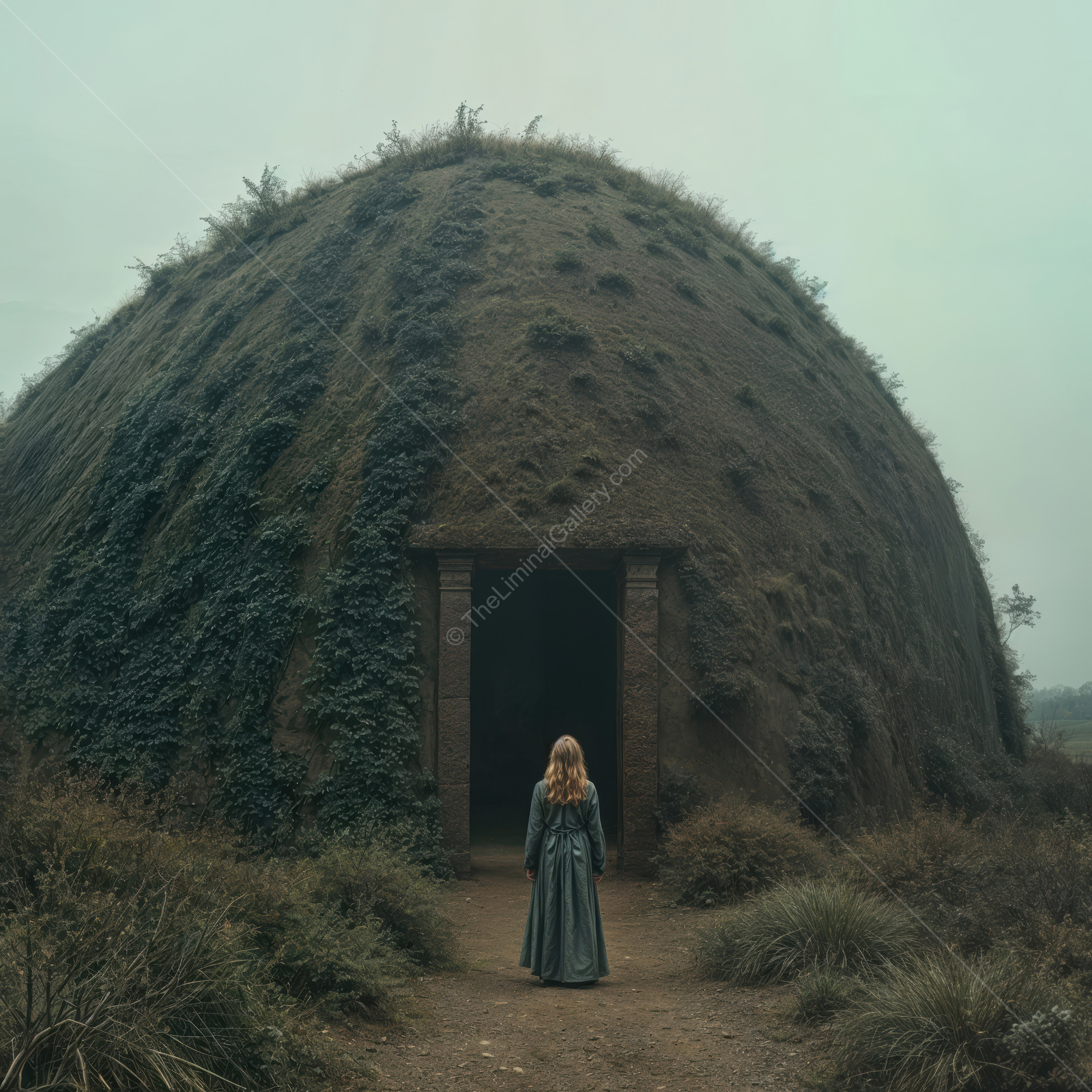 Woman faces a green mound with a shadowed entrance in morning mist, grasses beading with light