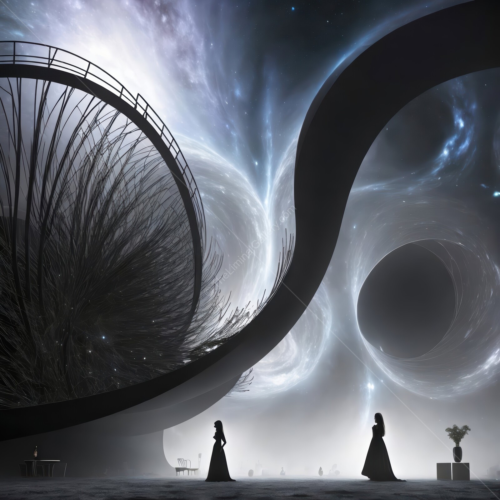 Exploring the surreal landscape of cosmic reflections and shadowy figures in a dreamlike universe