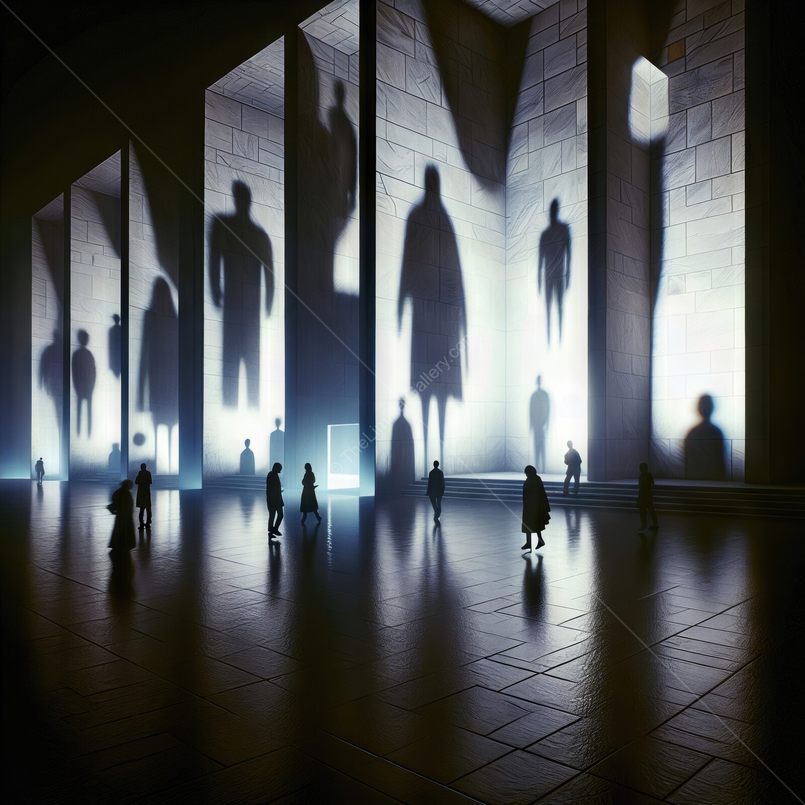 Shadows of figures illuminate a grand hall at dusk, creating a mysterious ambiance and evoking intrigue
