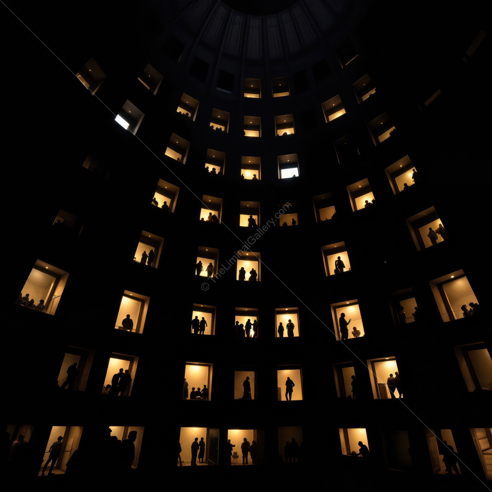 Visitors admire the stunning liminal architecture of a building during evening hours