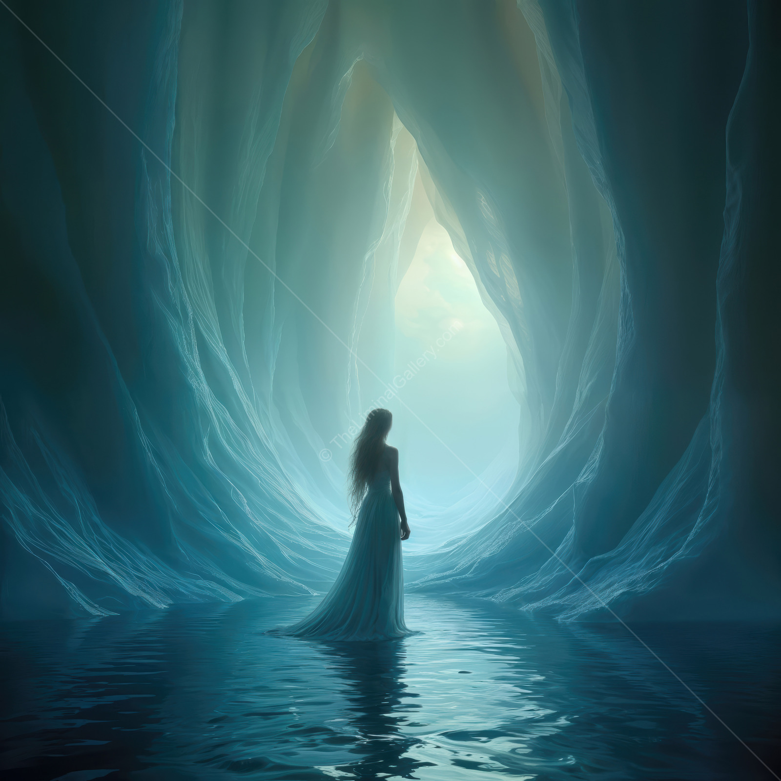 Woman stands in a blue-lit ice cave, still water mirroring tall crystalline forms at twilight