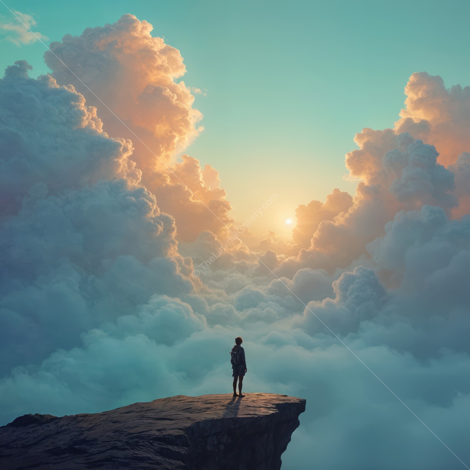 Individual stands on cliff at sunrise surrounded by vibrant clouds in serene and dreamlike moment