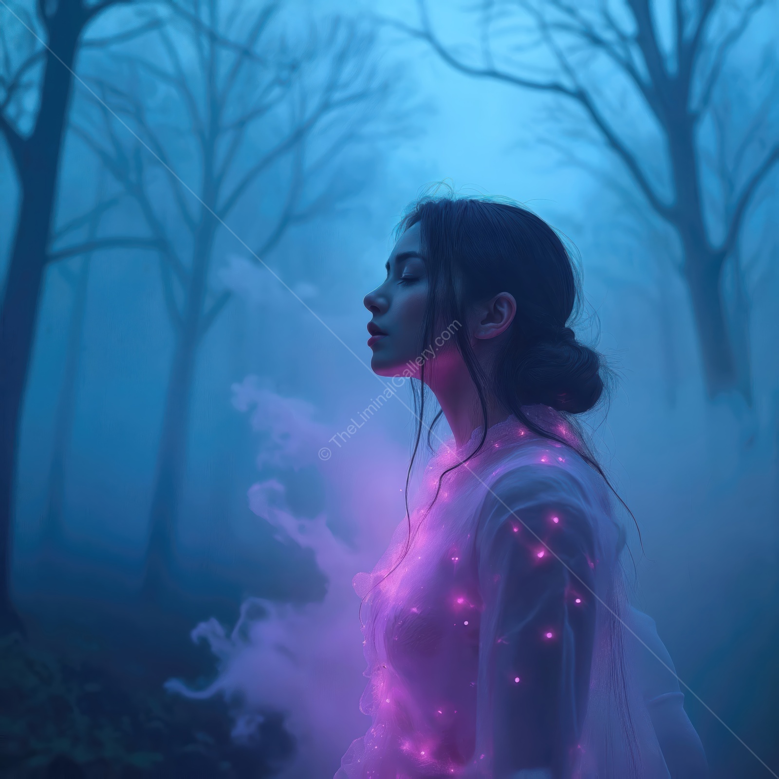 Woman stands in lavender-lit mist among tall trunks, a faint glow edging her dress in the woods