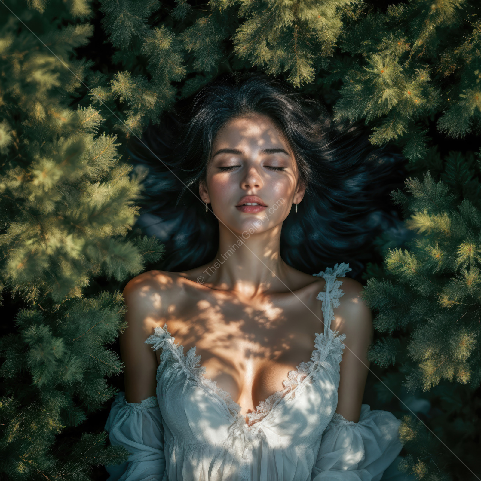 Woman in a white dress lies on bright green leaves at golden hour, dappled light flickering across her face