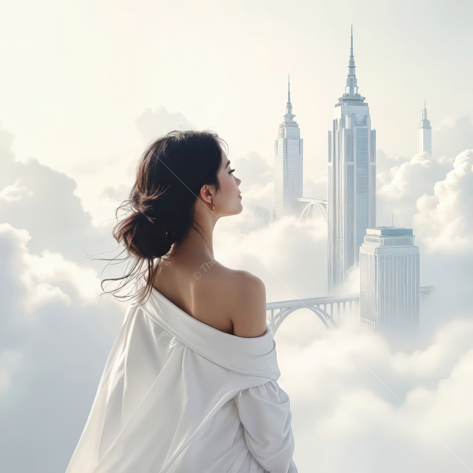 Woman at a high ledge looks toward cloud-ringed towers, breeze teasing her dress in pale dawn