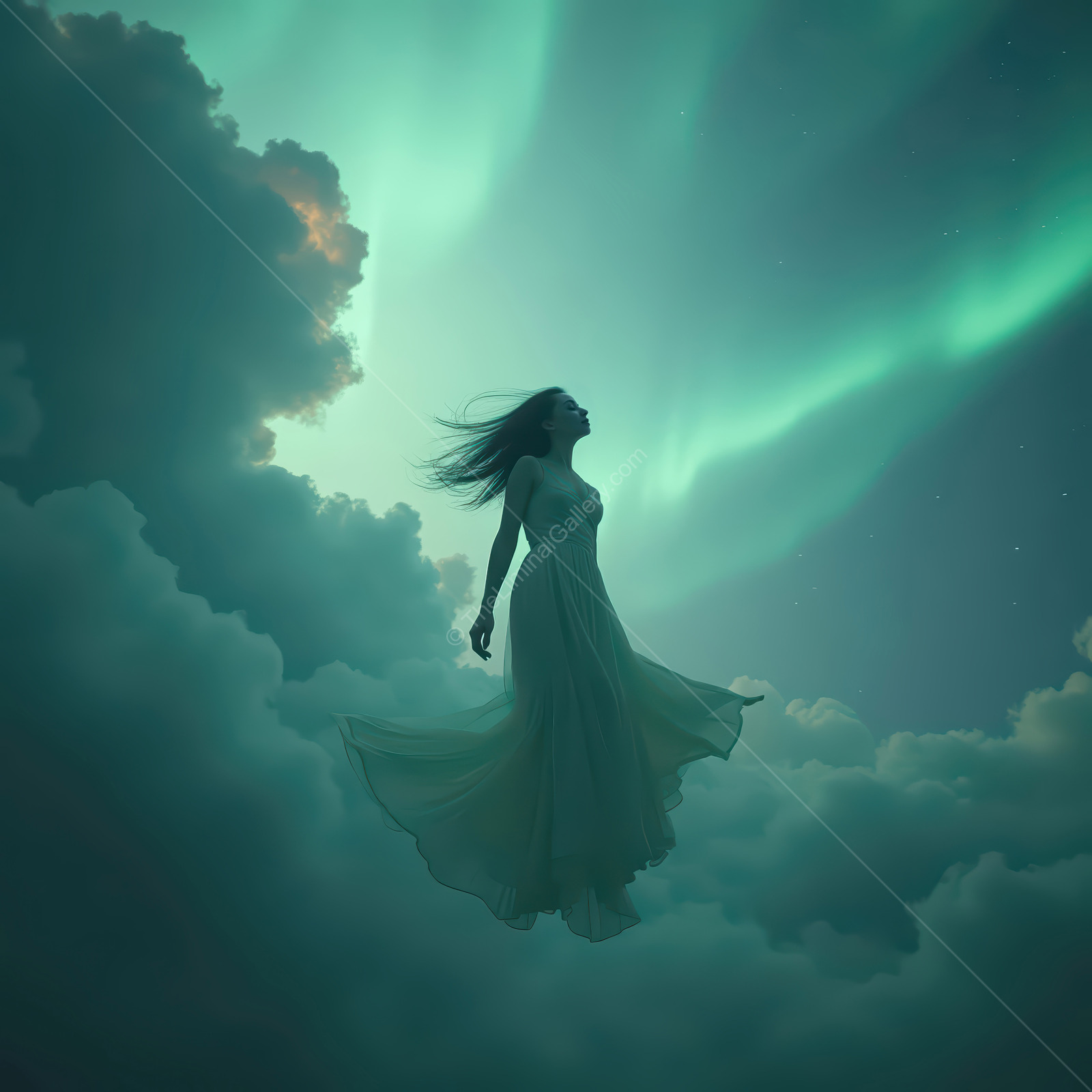 Woman in a white gown levitates amid aurora ribbons above cloud layers, arms relaxed as soft wind lifts the fabric under a star-streaked sky