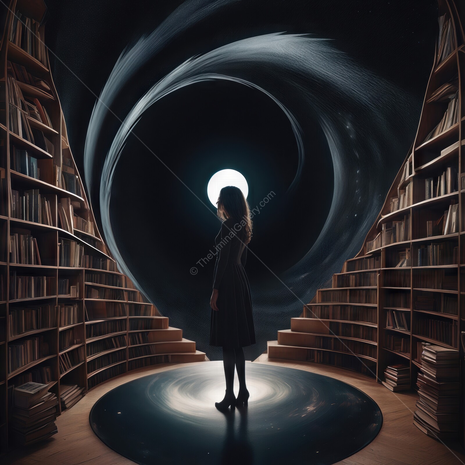 Exploring the depths of knowledge in a mesmerizing circular library at twilight