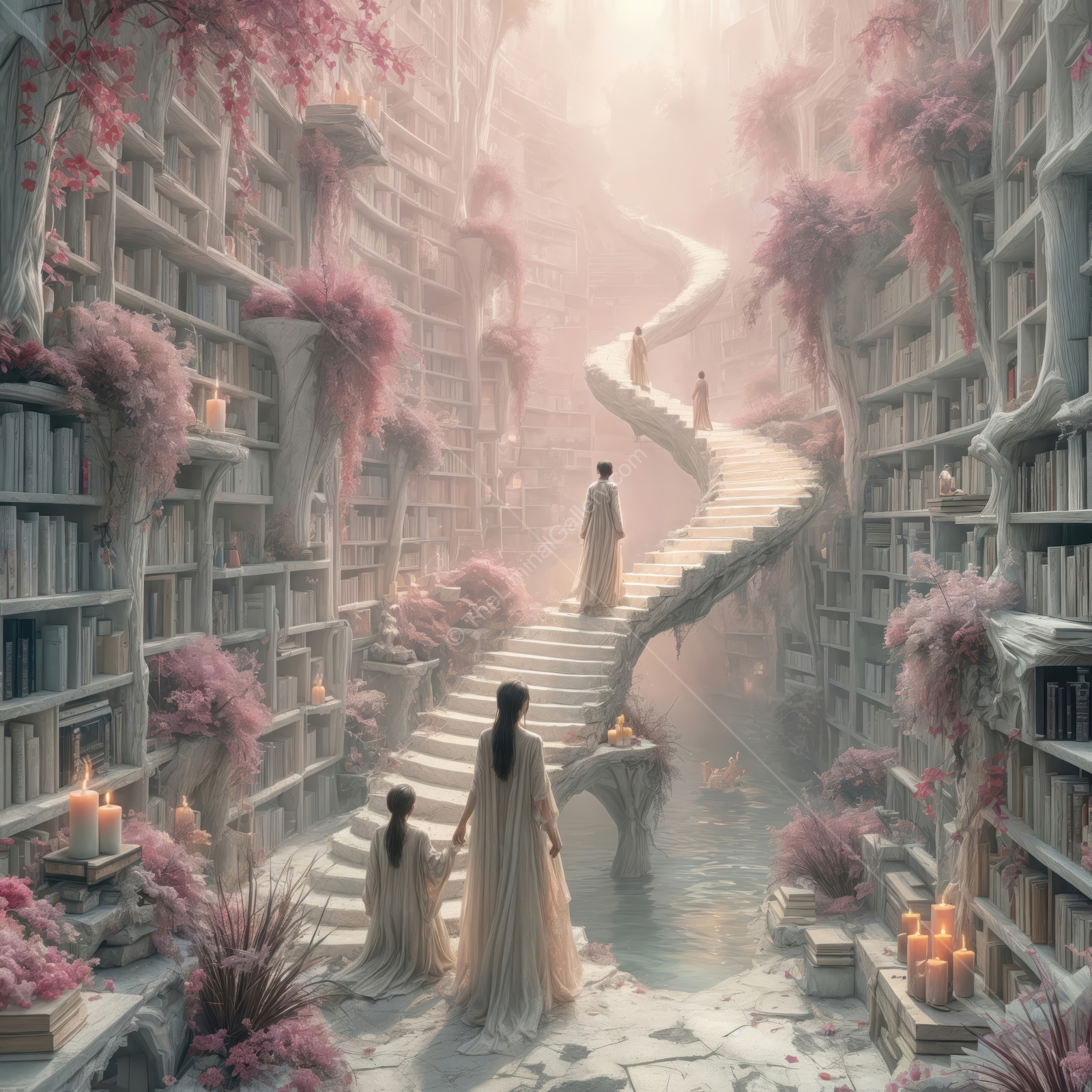Stairway of knowledge amidst a magical library filled with blooming flora and flowing water