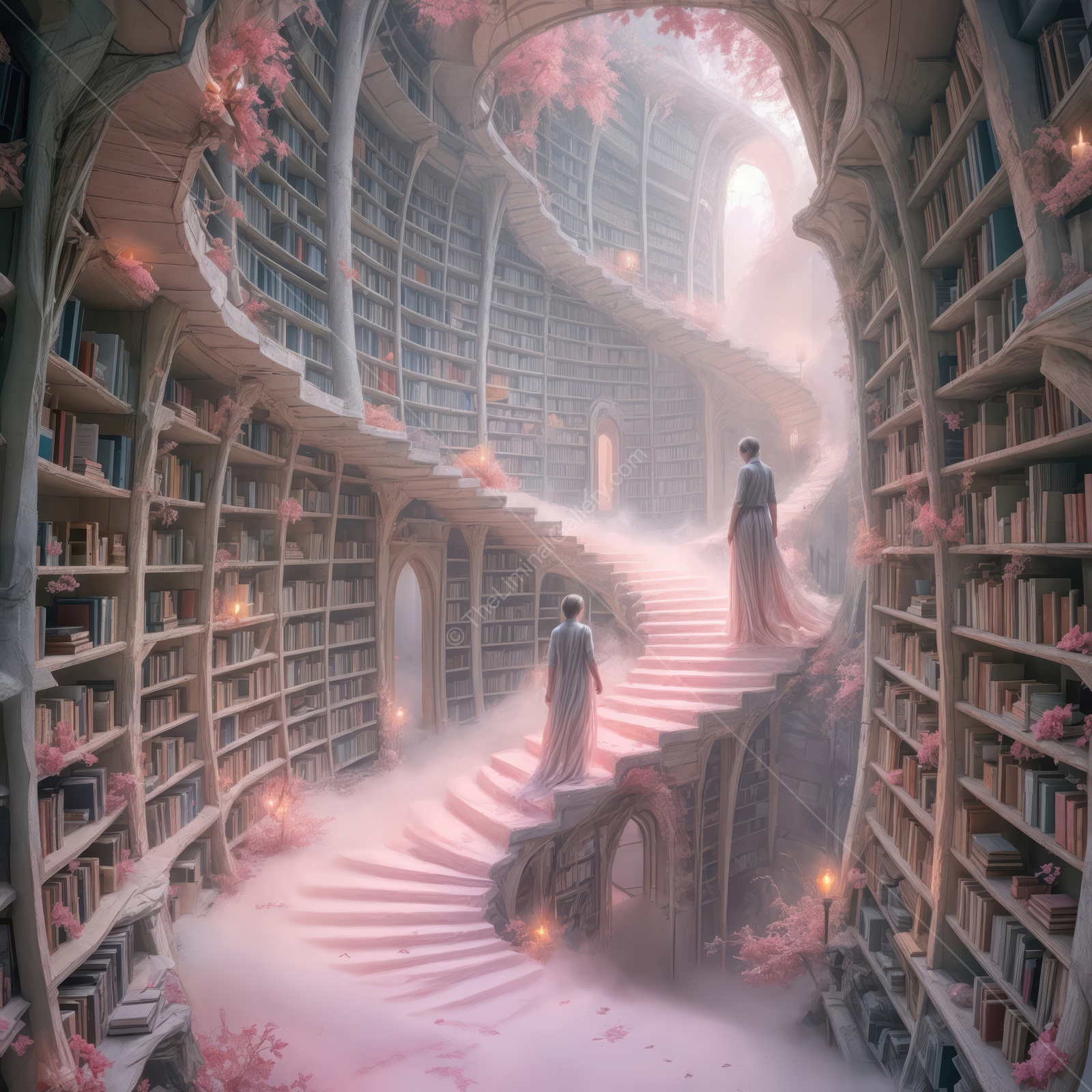 Enchanting library with swirling staircases and ethereal figures in a dreamlike setting filled with glowing lights