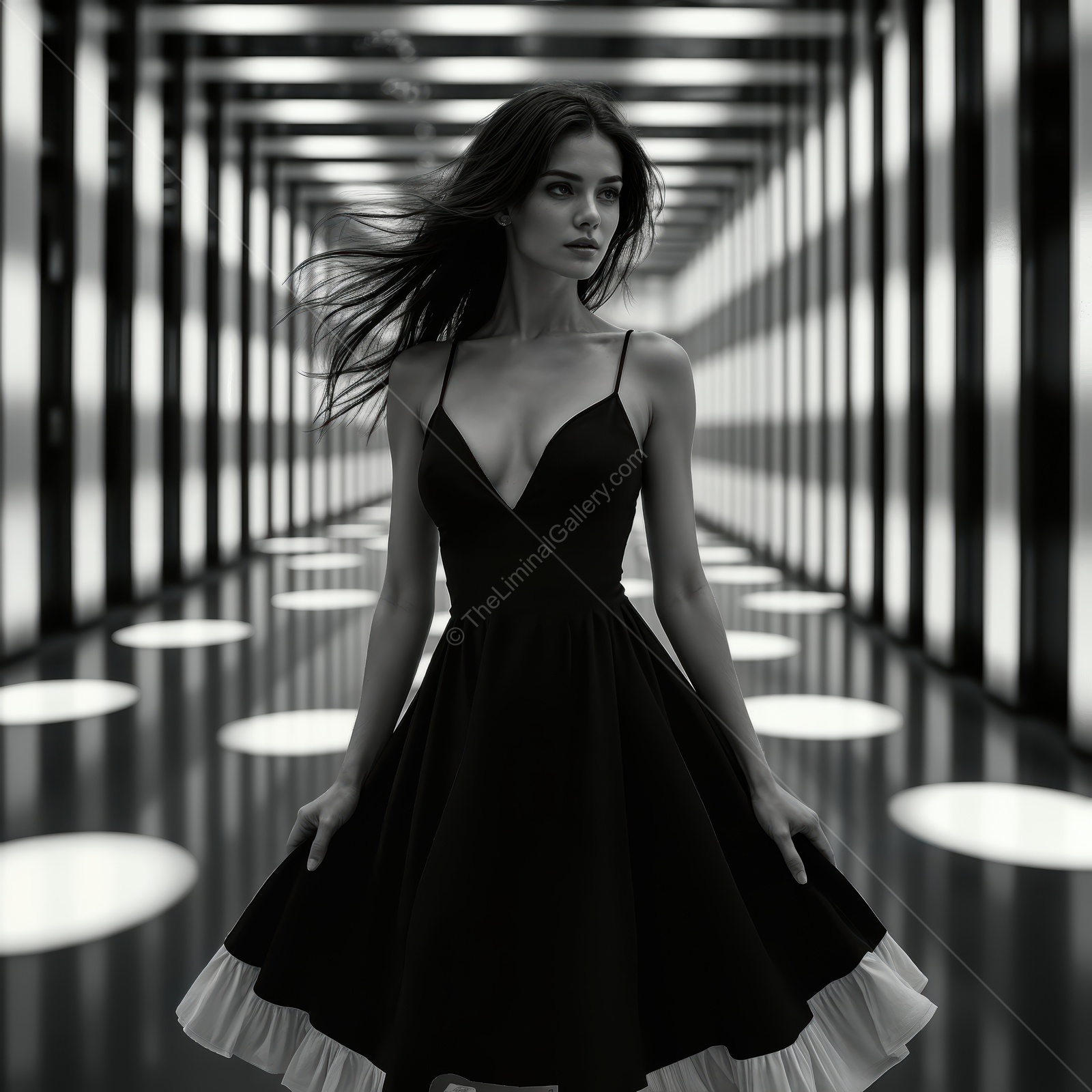 Woman in a black dress stands in a corridor of alternating light bands, shadows tracking her hem