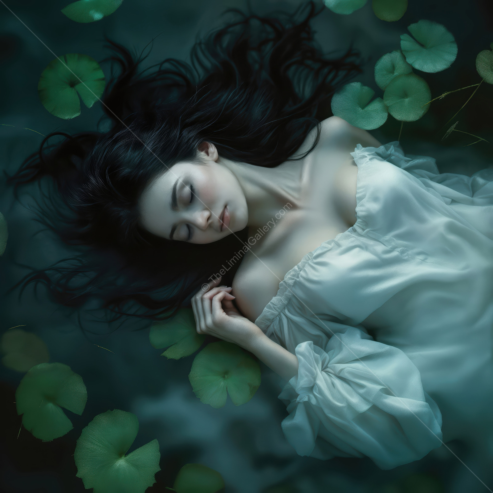 Woman lies among lily pads in quiet water at dusk, dark hair fanning into the reflections