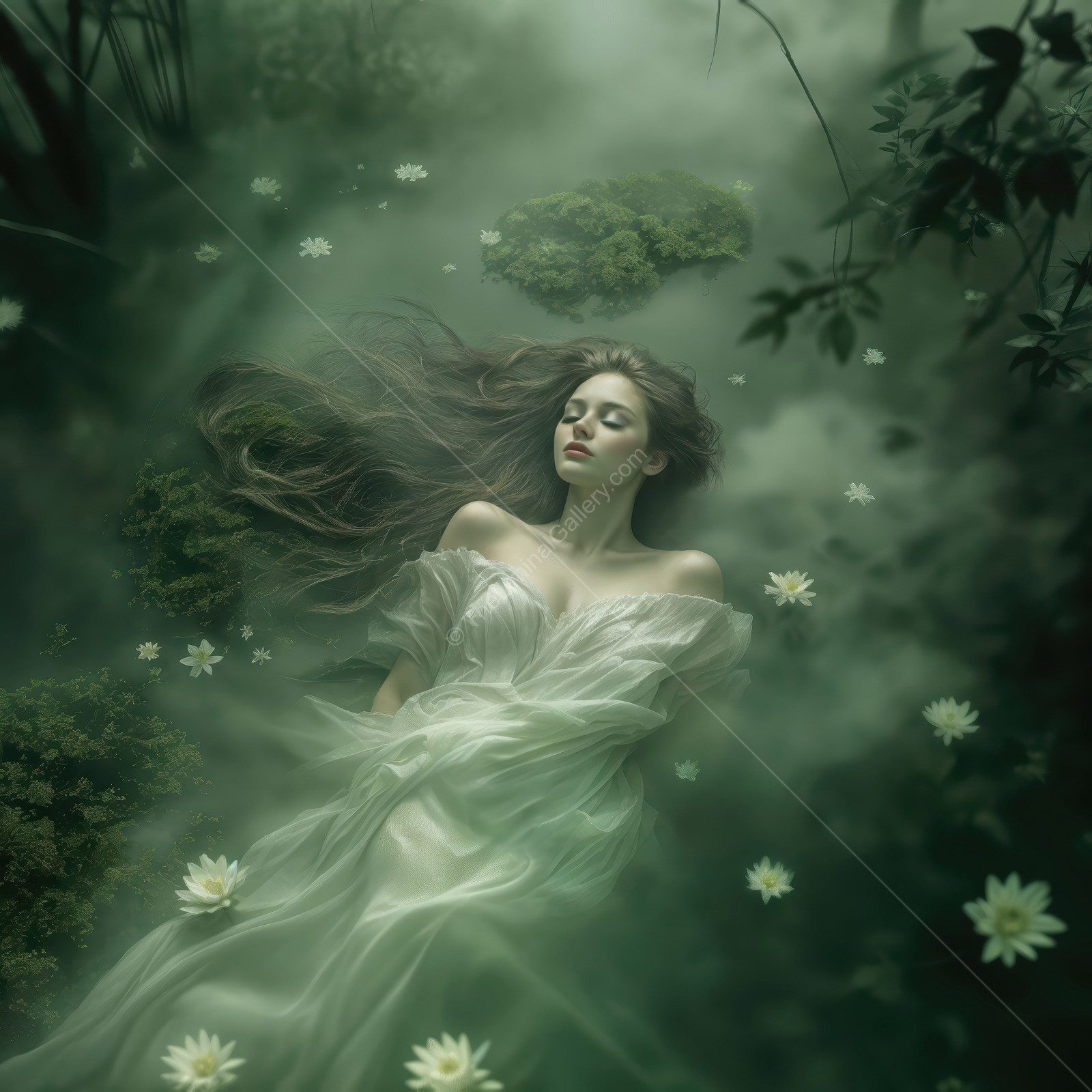 Woman floats through a lily-dotted pond at dusk, veil of fog and leaves brushing the water