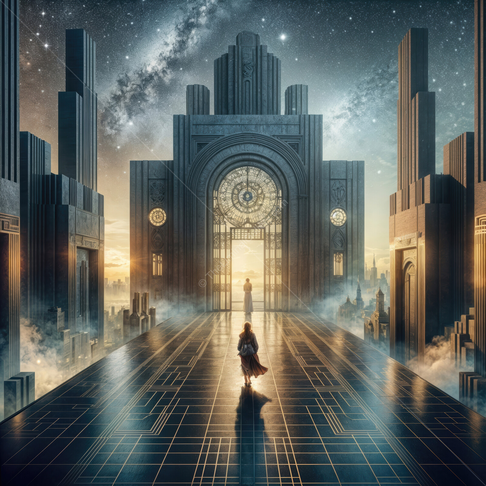 Majestic gateway to the cosmos, revealing a forgotten realm of dreams and wonder at twilight