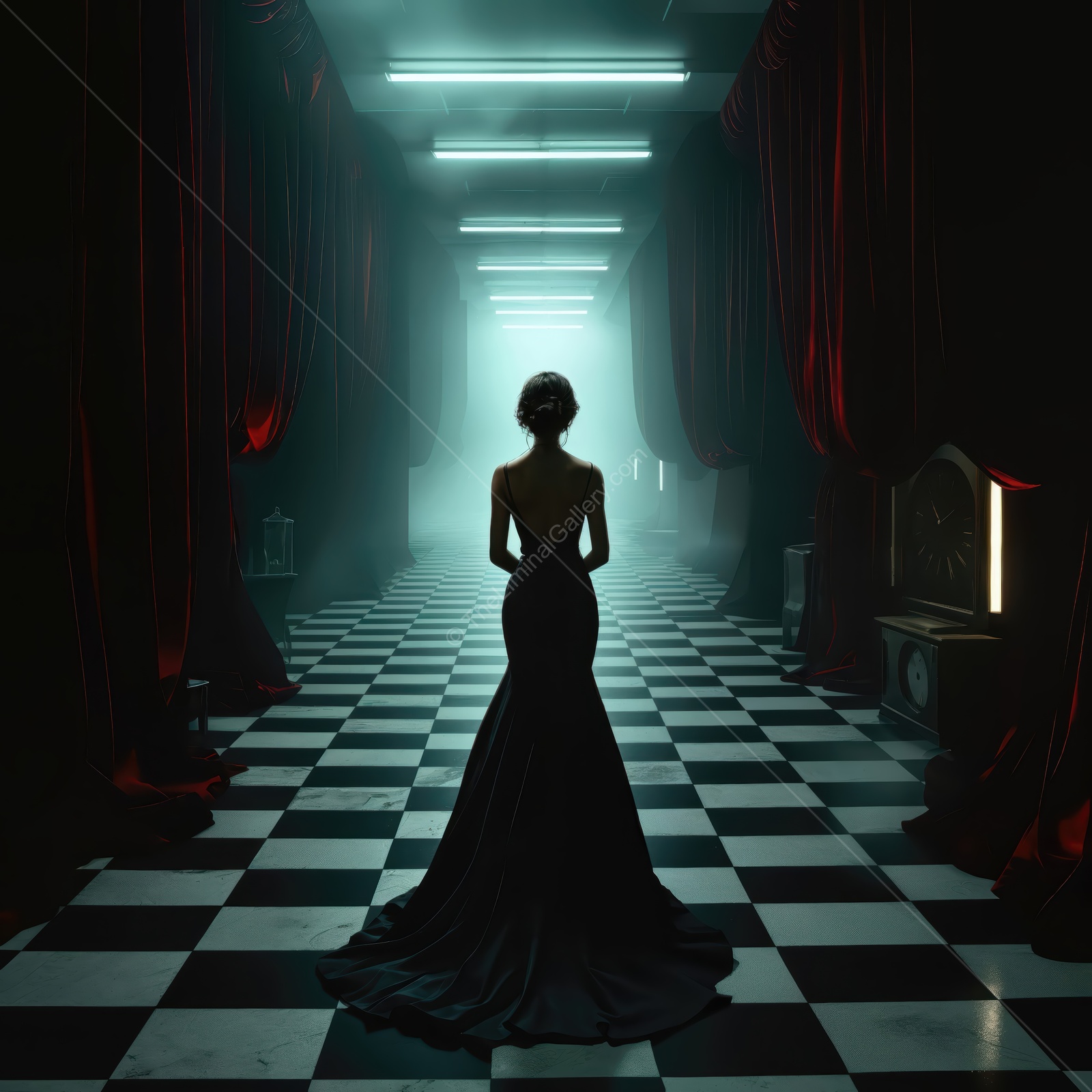 Silhouetted woman faces a long corridor of red curtains and bright ceiling lights on checkered tiles