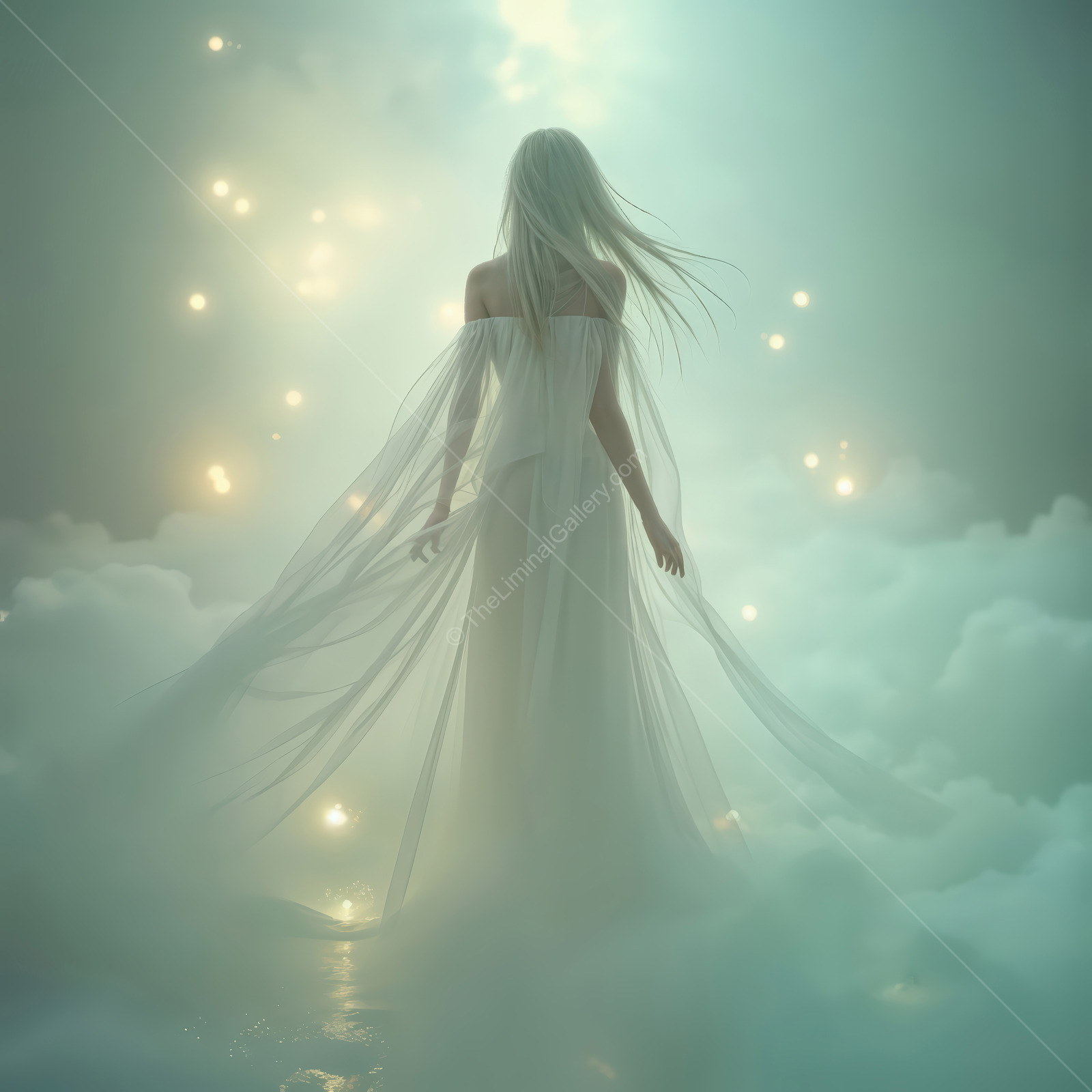 Woman moves through low fog dotted with glowing orbs, long hair and dress illuminated by their hush