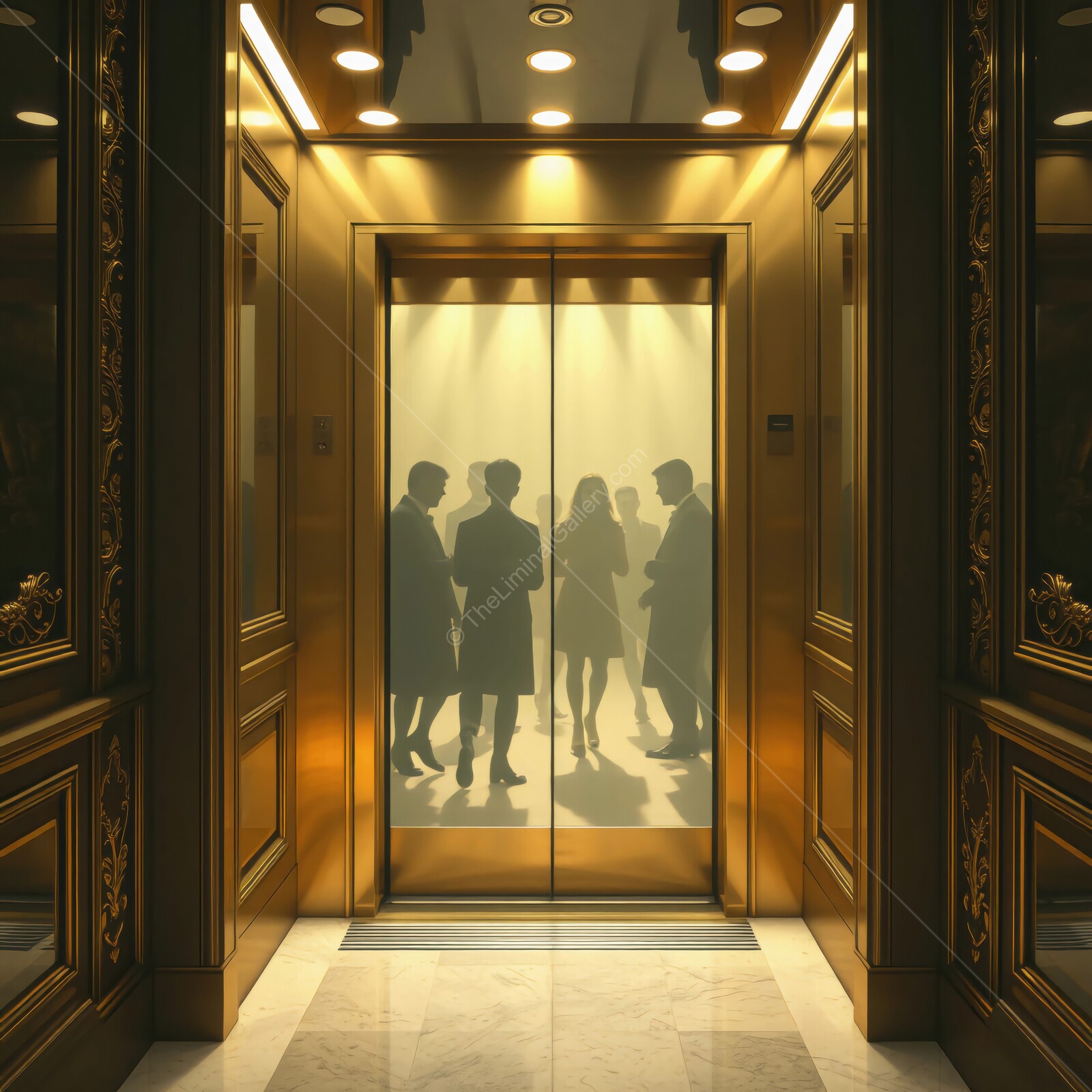 Silhouetted figures engaging in conversation inside a luxury elevator at twilight