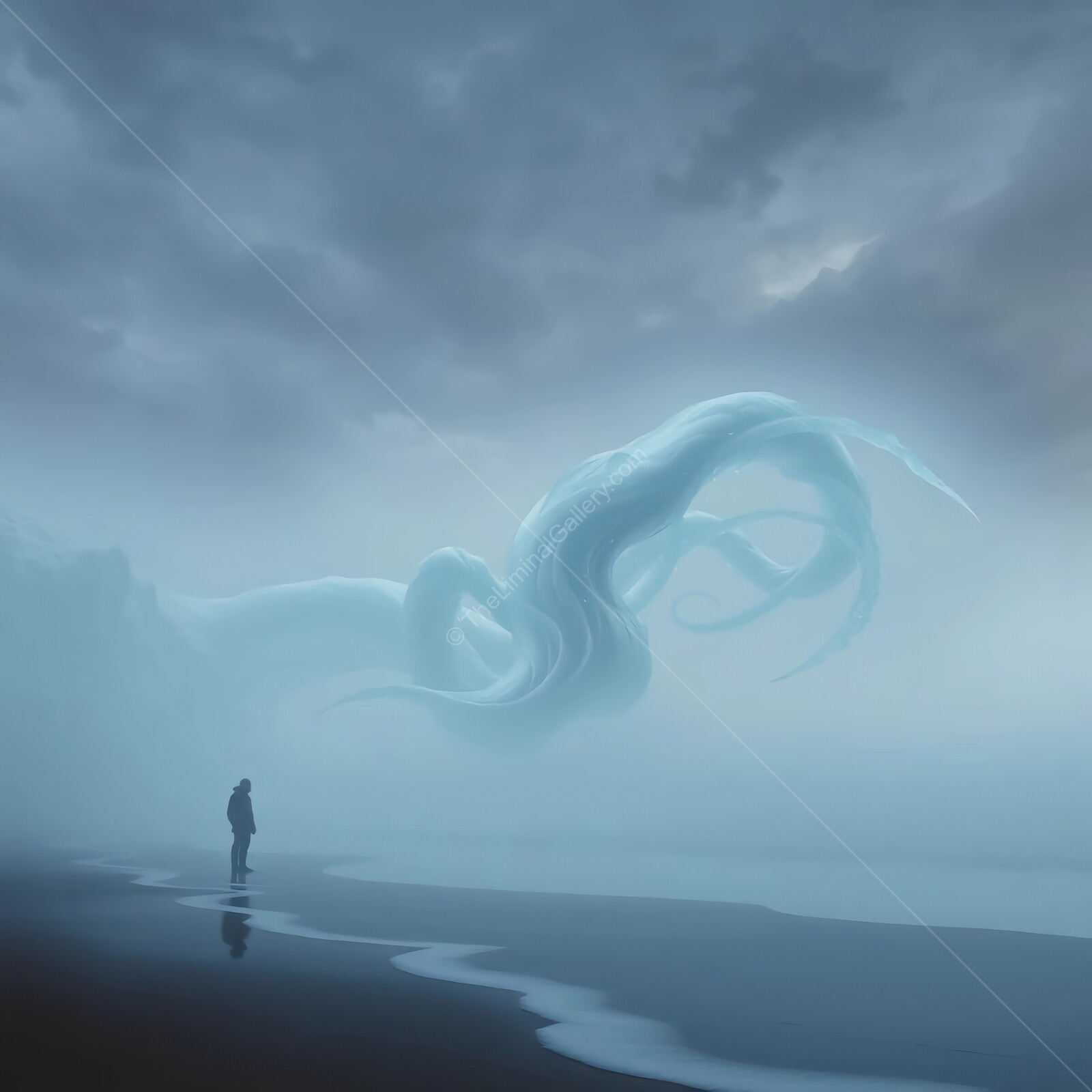 Majestic creature emerges from the misty liminal ocean, captivating a lone figure on the desolate shoreline at dawn