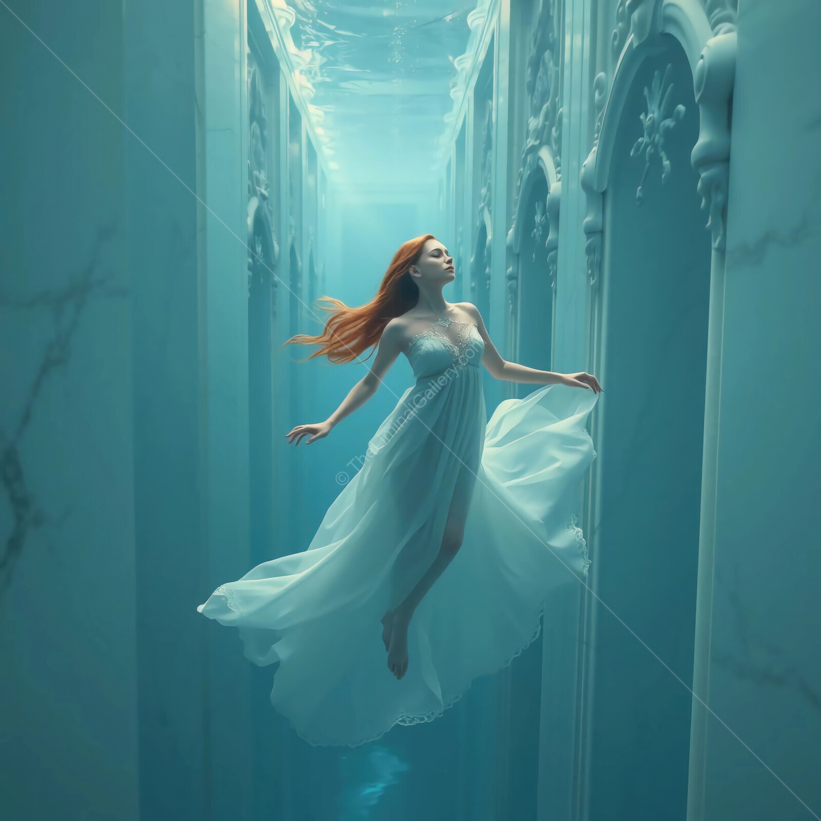 Majestic woman gracefully floats in ethereal underwater corridor of a liminal marble palace