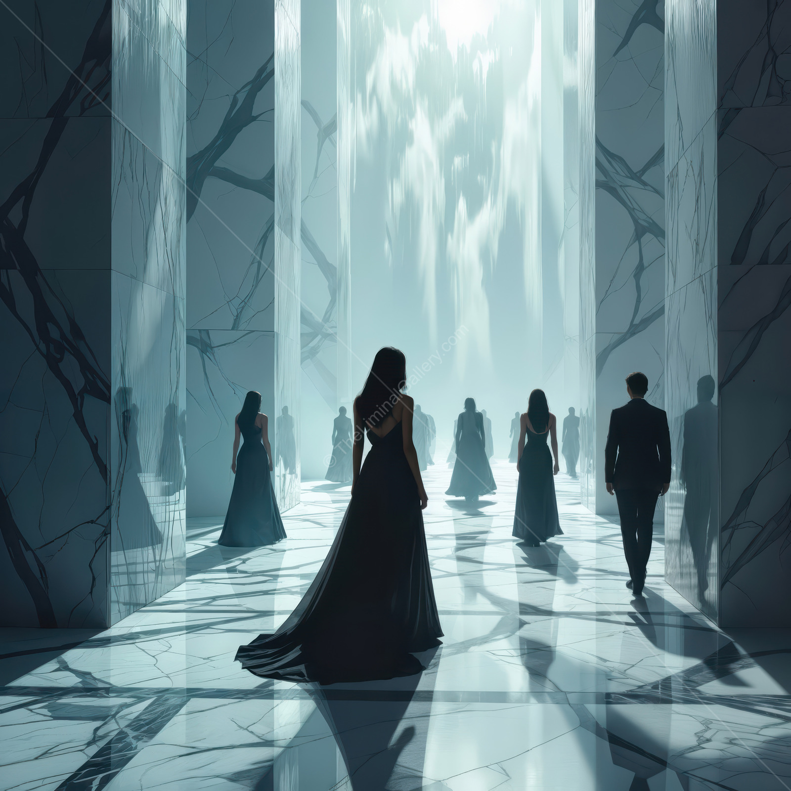 Elegant gathering of sleek figures in dark gowns and suits in a luminous, marble hallway at sunset