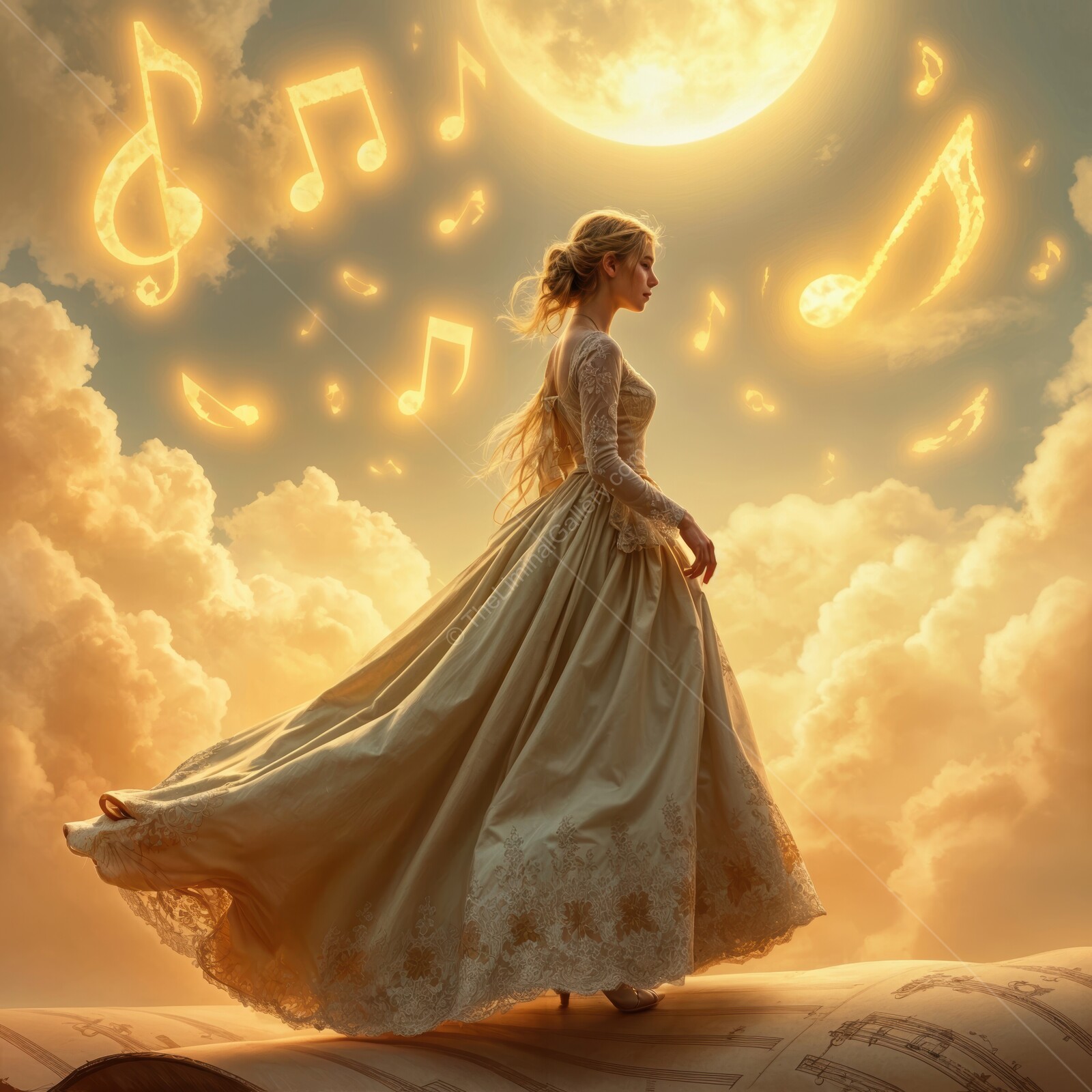 Enchanting melody dances in moonlight as a graceful figure wanders through clouds of harmony