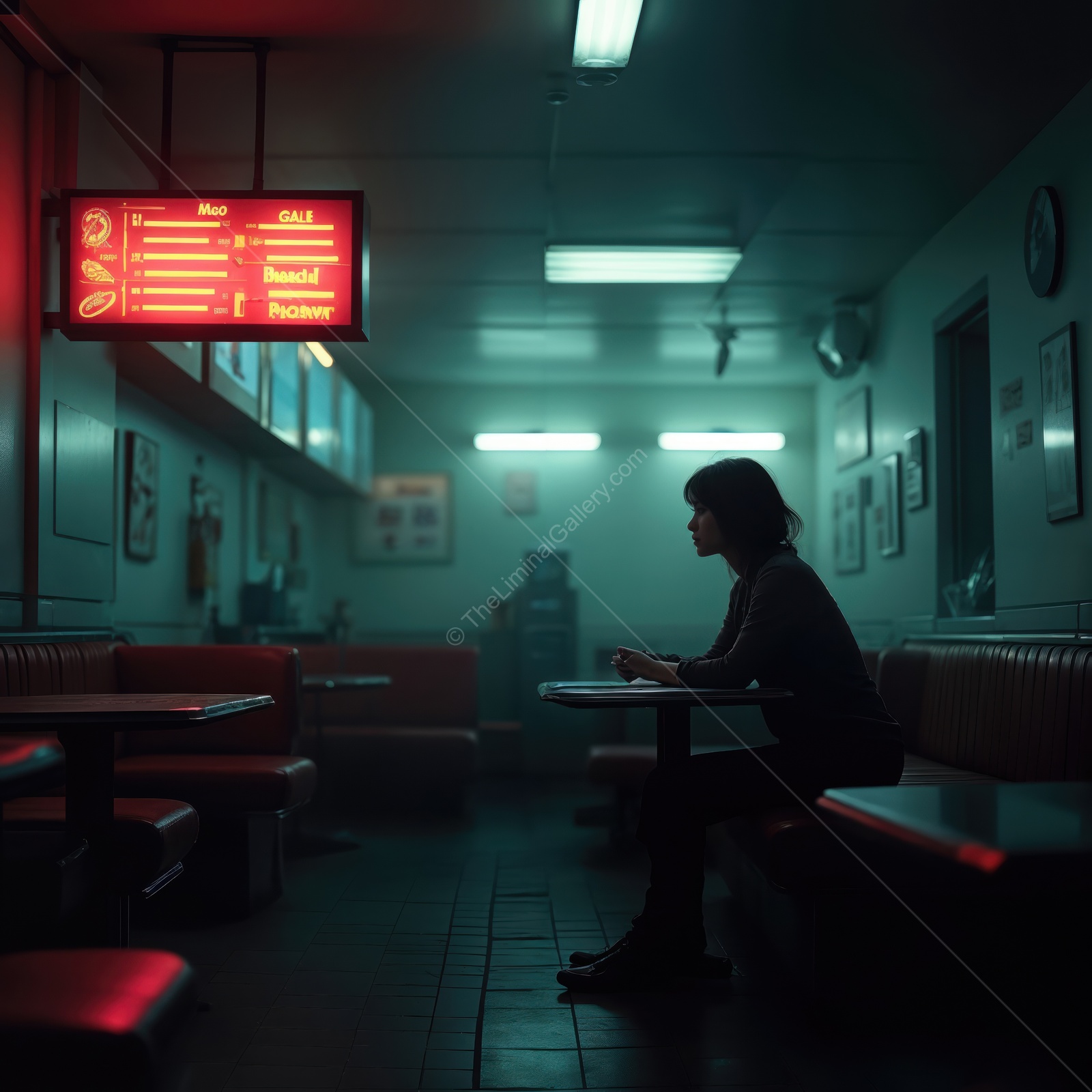 Woman sits alone at a cafeteria table under red neon glow with empty booths and framed prints behind her as midnight shadows pool on the floor