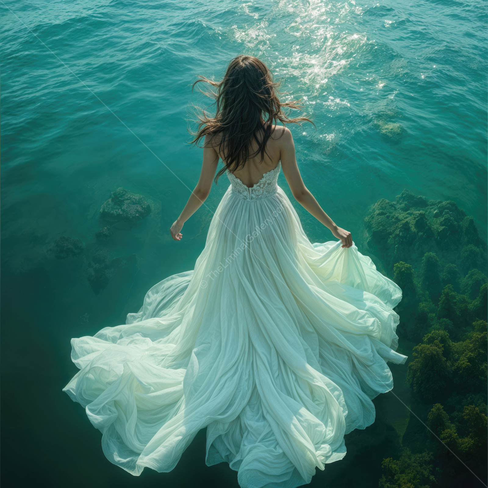 Woman in a white gown stands mid-water at dawn, sun glittering across the surface around her