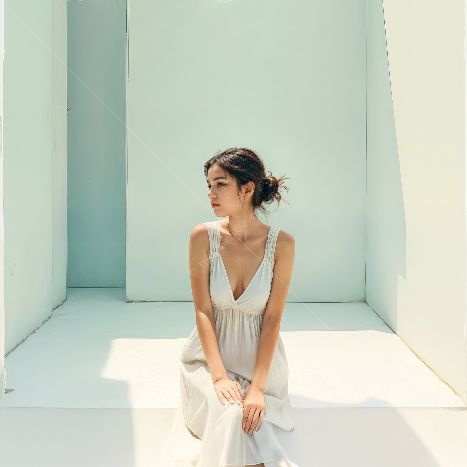 Woman sits in a minimal white space with clean lines, sunlight drawing soft shadow bands across her