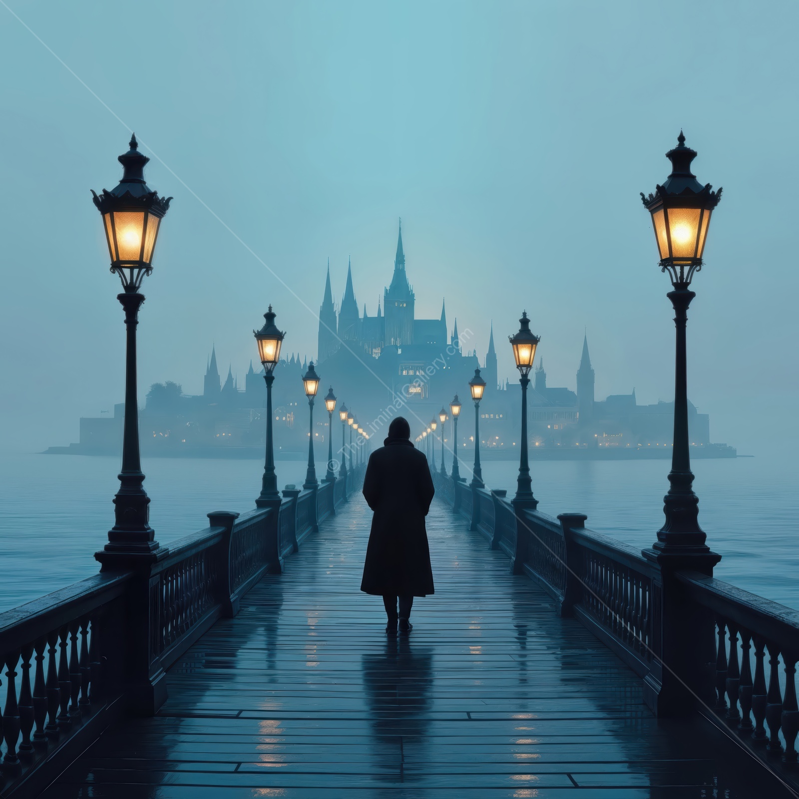 Mysterious silhouette walks along a misty bridge towards a glowing castle at twilight