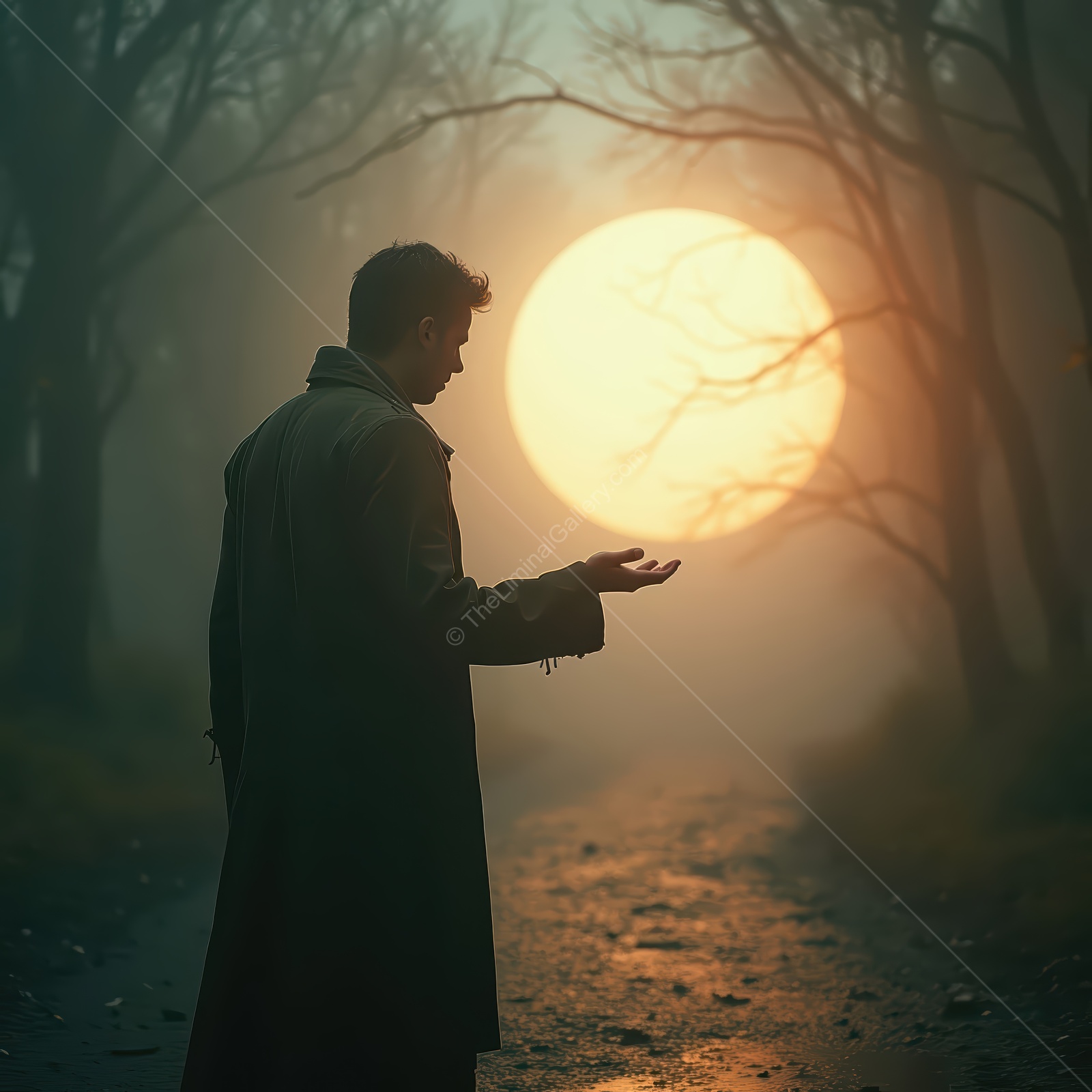 Mysterious figure stands in misty forest with a large sun setting behind, showcasing a magical atmosphere at dusk