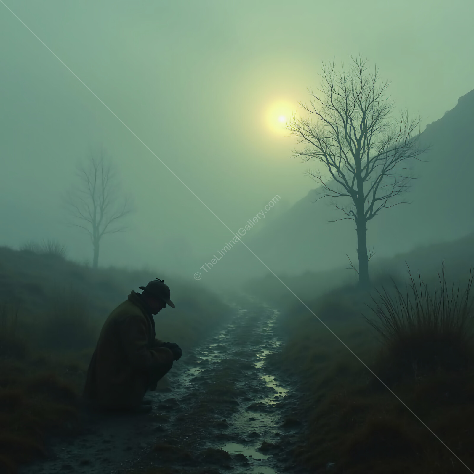Hiker in contemplation along a misty path at dawn in a tranquil landscape