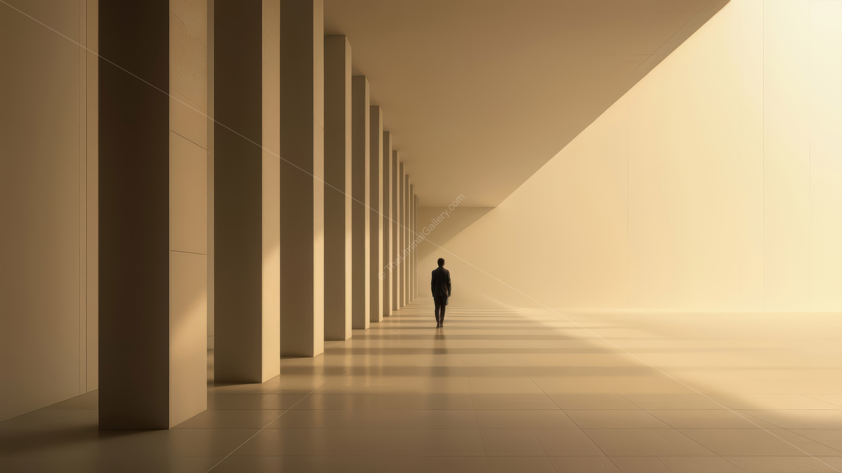 Walking through an expanse of light and shadow in a modern architectural space at dusk