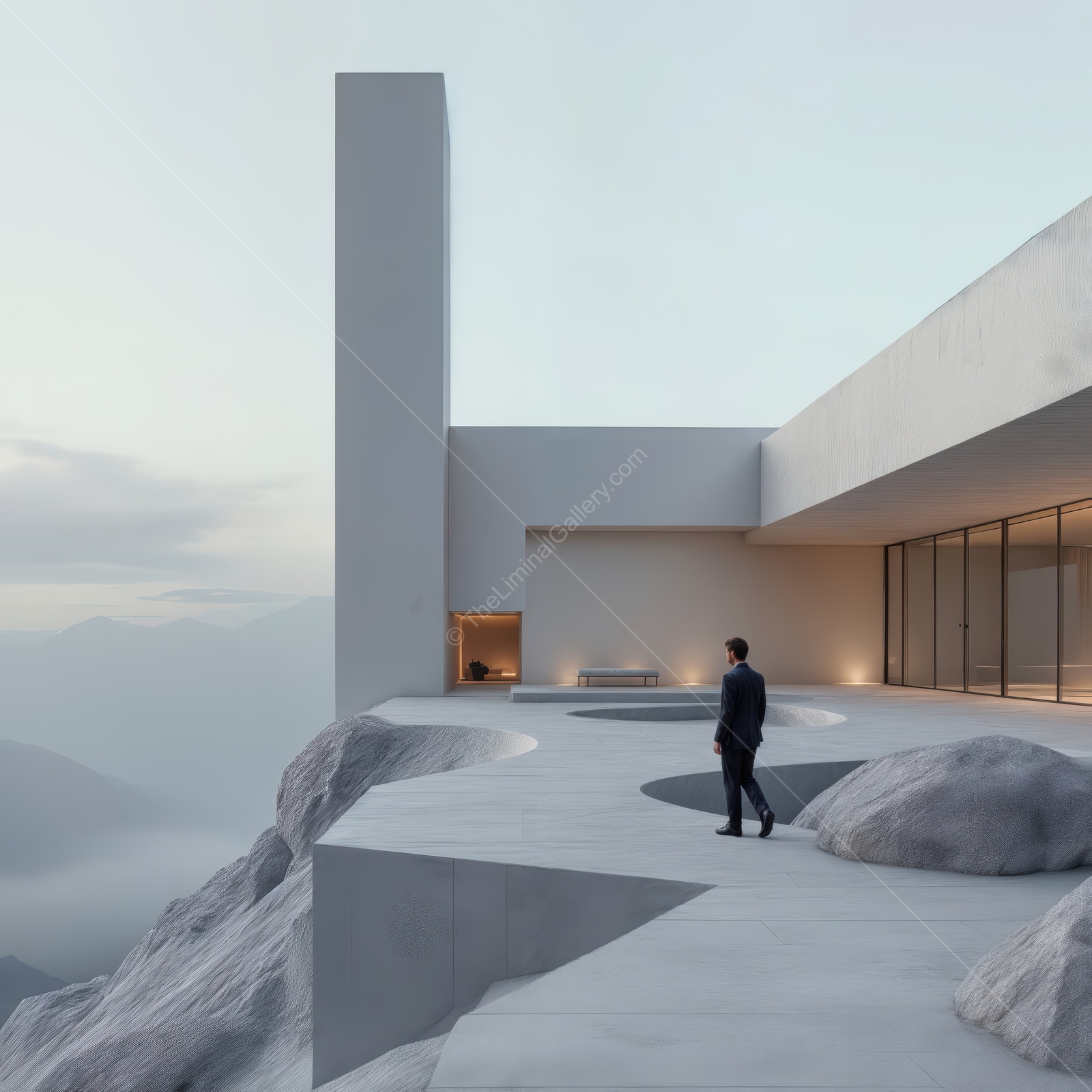 Modern architectural marvel perched on stunning rocky hillside at dawn showcasing serene landscapes and bold design choices