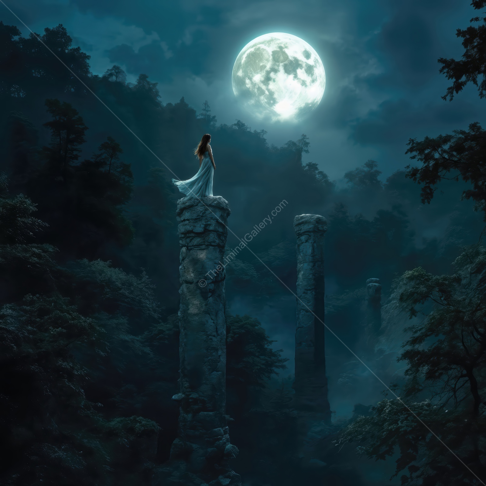 Woman in a white gown balances on mossy pillars under a full moon, low mist threading the forest