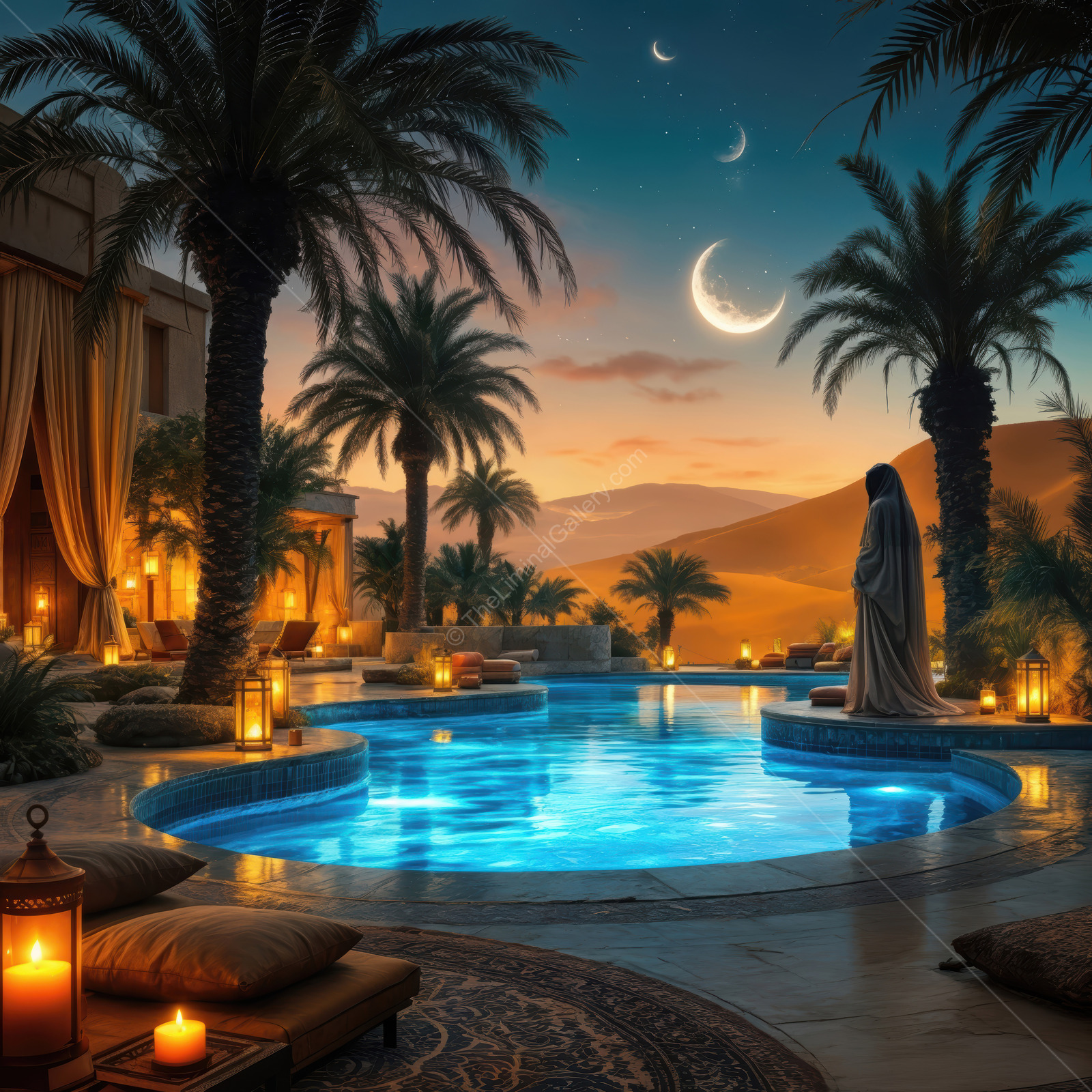 Woman stands at a pool rim under a crescent moon, palm fronds and lantern light glimmering across dusk water