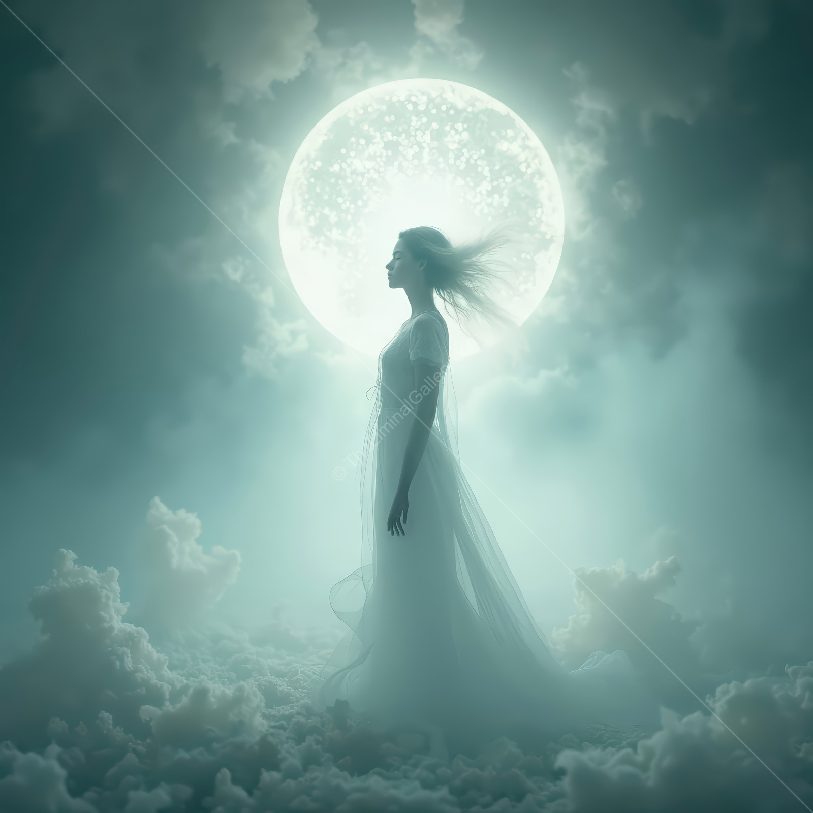 Silhouetted woman in a translucent gown stands in moonlit mist, full moon bright behind layered cloud