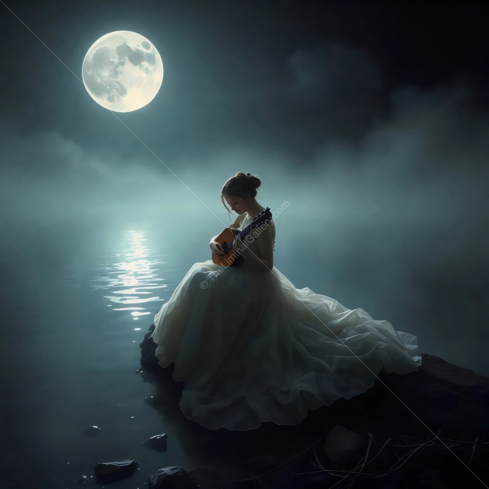 Moonlit serenade by the waters edge with a girl playing a string instrument at night