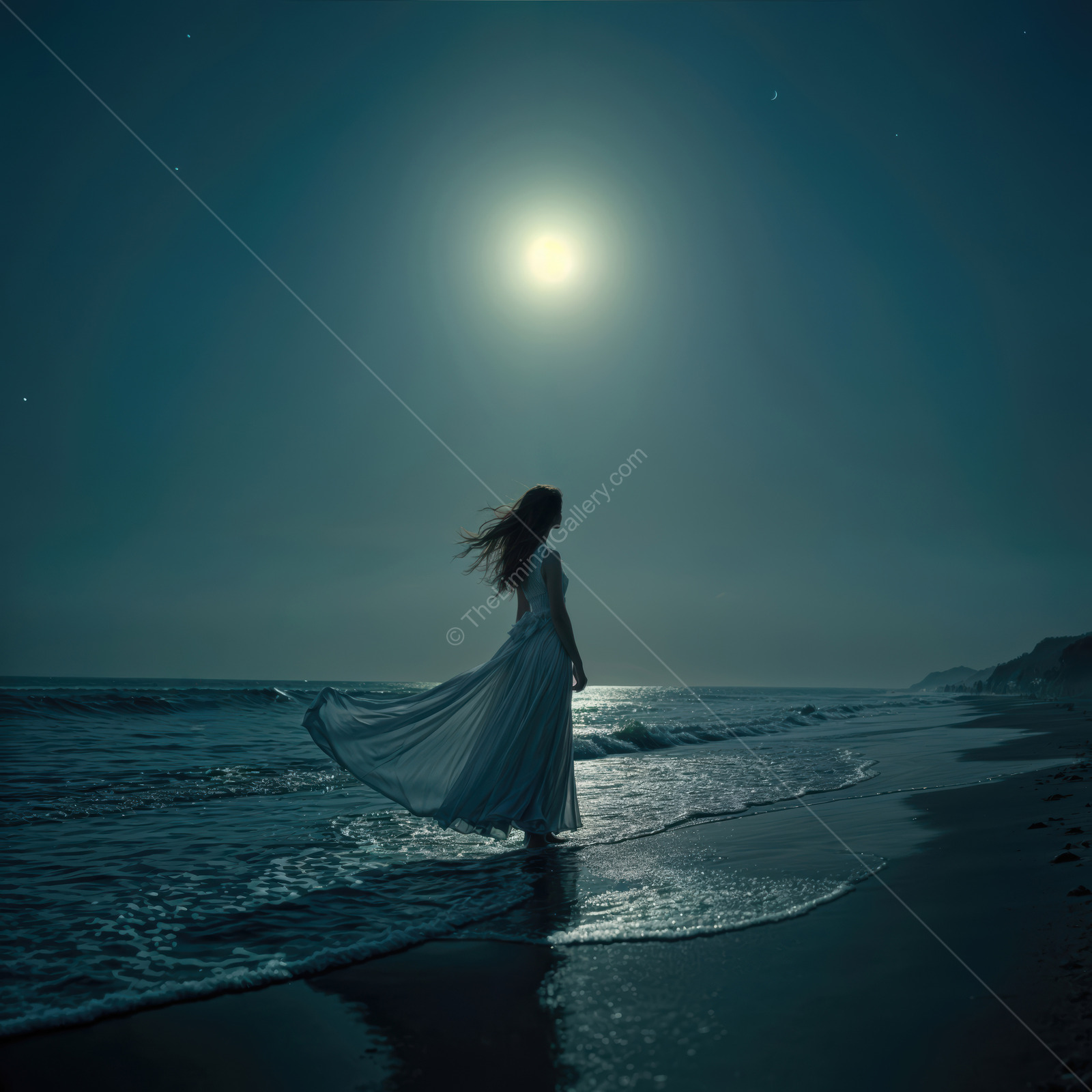Woman stands at a moonlit shoreline in a white dress, small waves brightening the sand around her feet